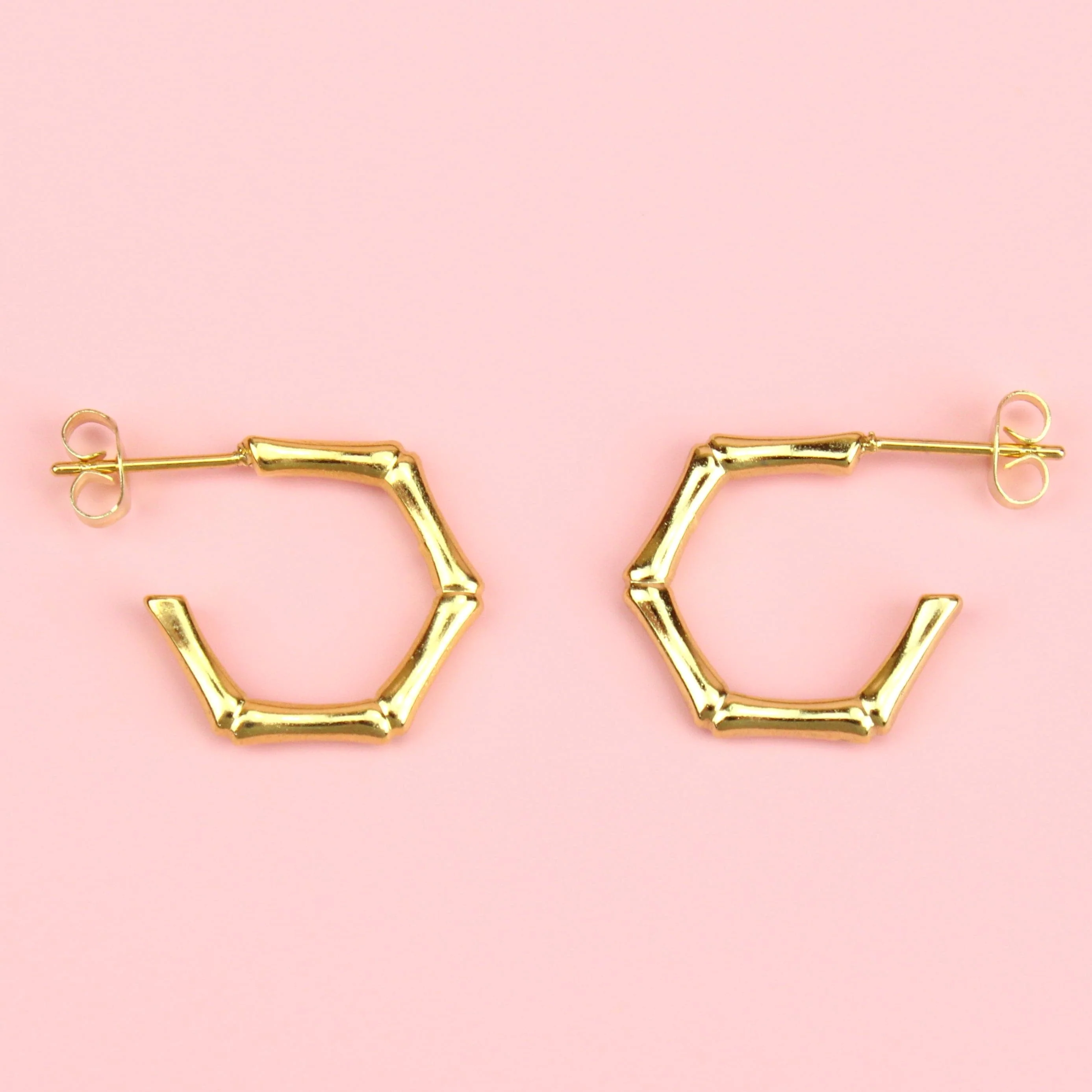 Bamboo Hoop Stud Earrings (Gold Plated) - Image 2