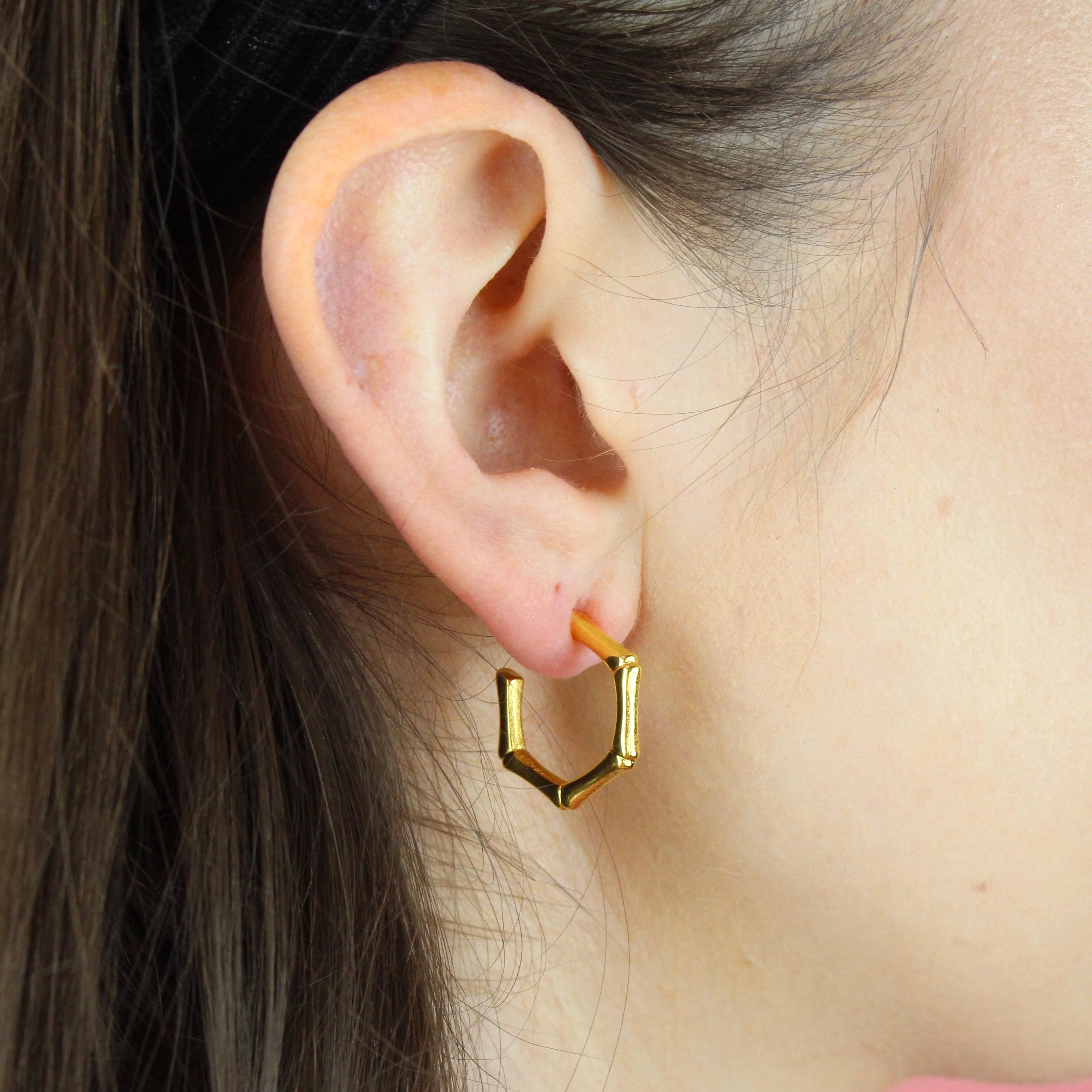 Bamboo Hoop Stud Earrings (Gold Plated) - Image 3