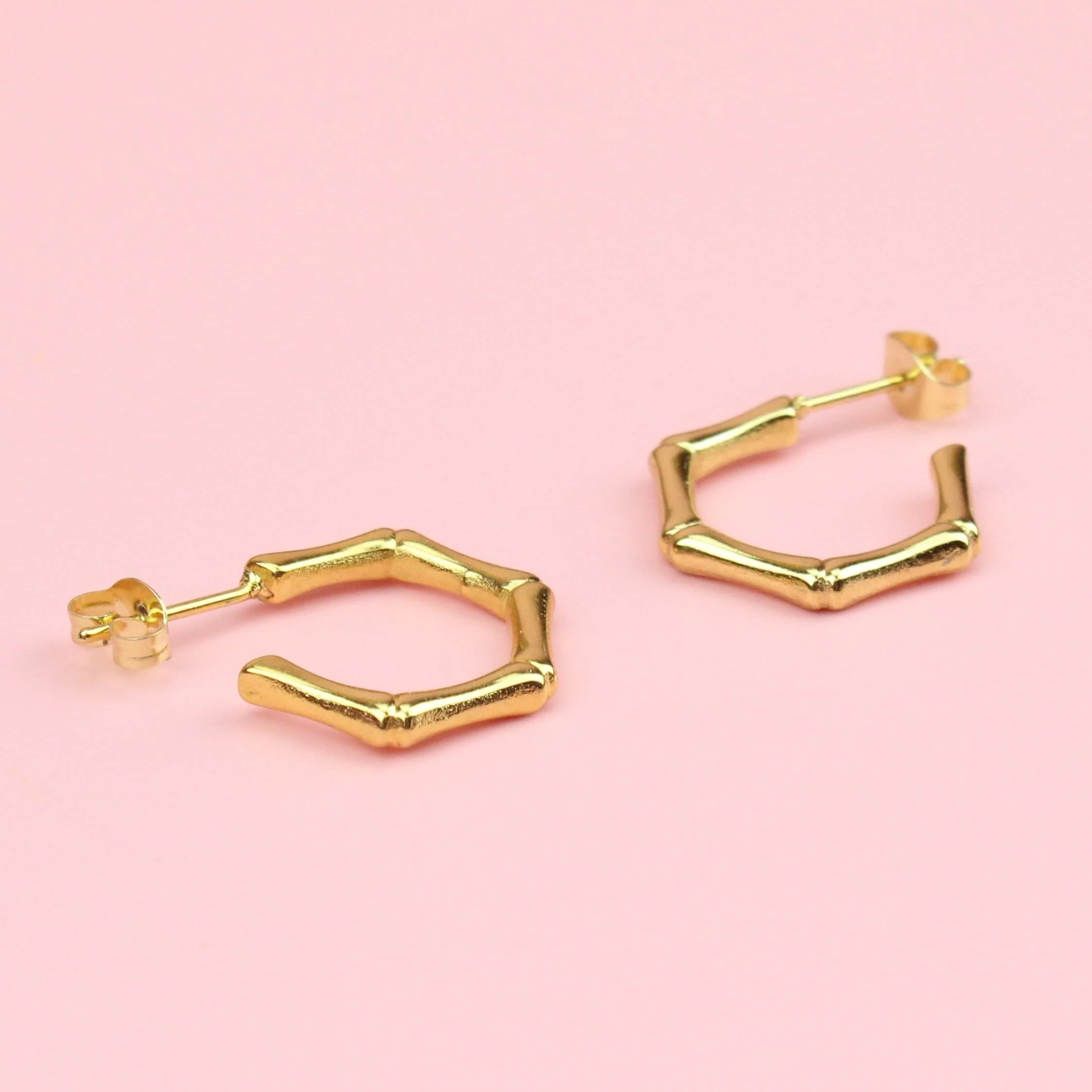 Bamboo Hoop Stud Earrings (Gold Plated) - Image 4
