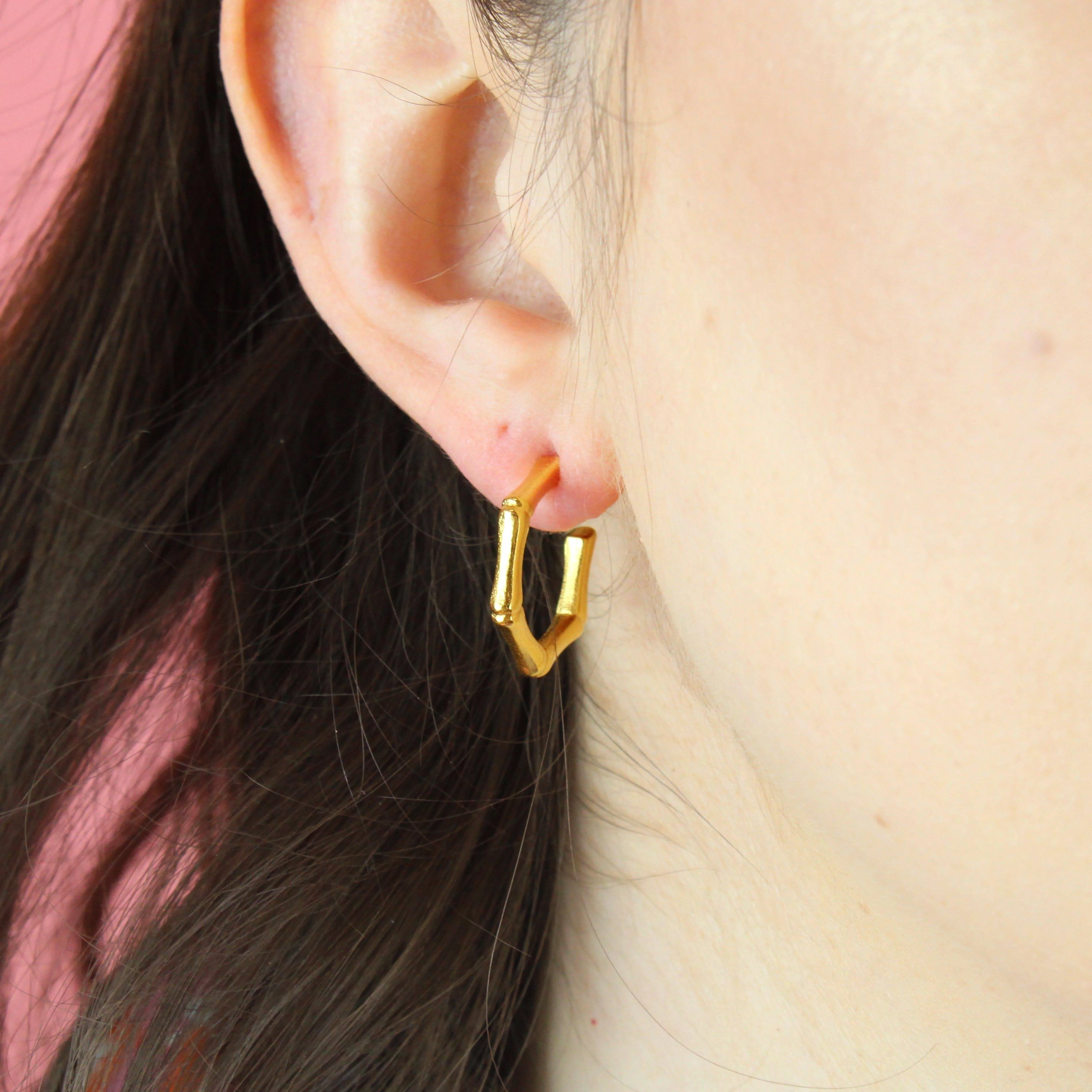 Bamboo Hoop Stud Earrings (Gold Plated) - Image 5