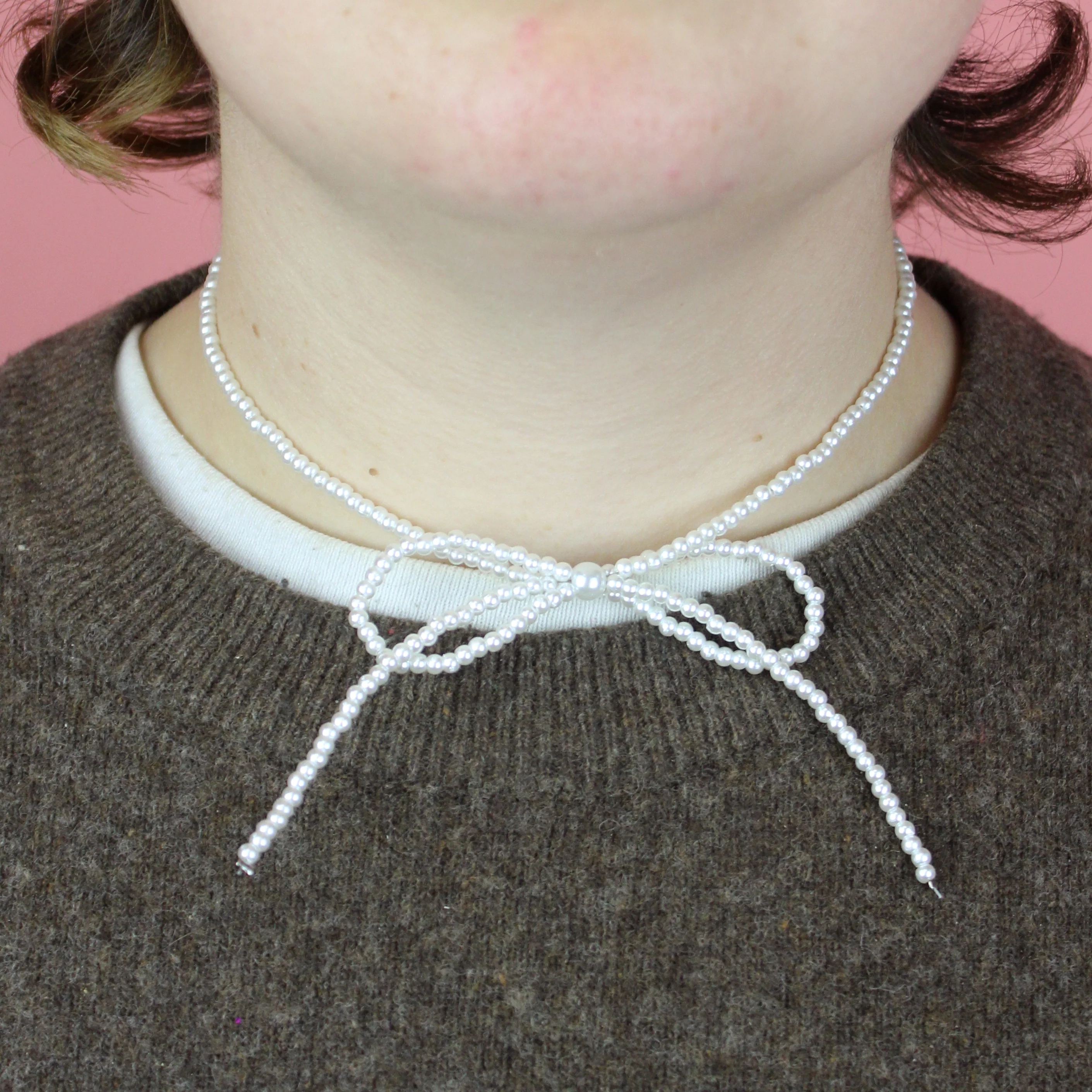 Beaded Bow Choker - White - Image 2