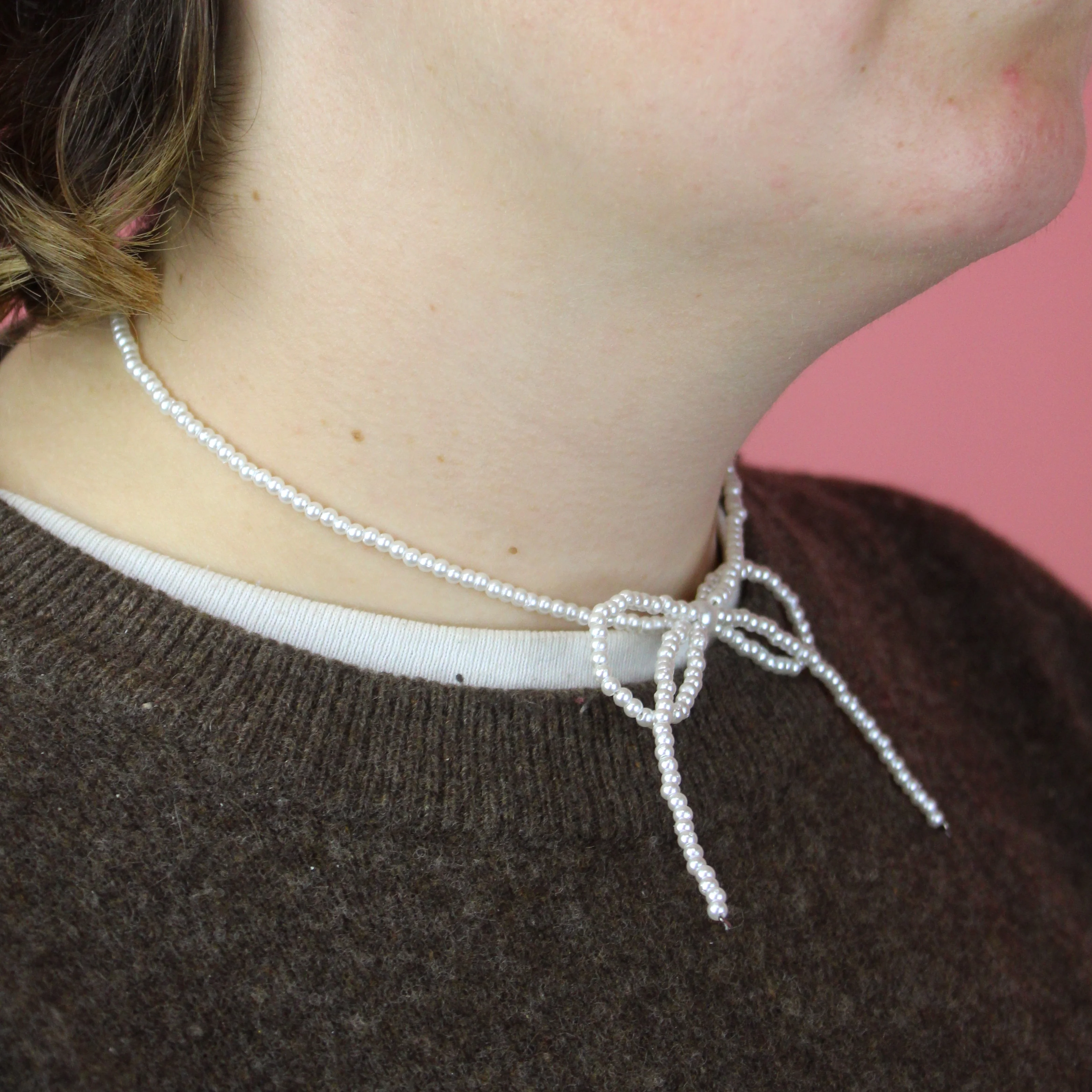 Beaded Bow Choker - White - Image 4