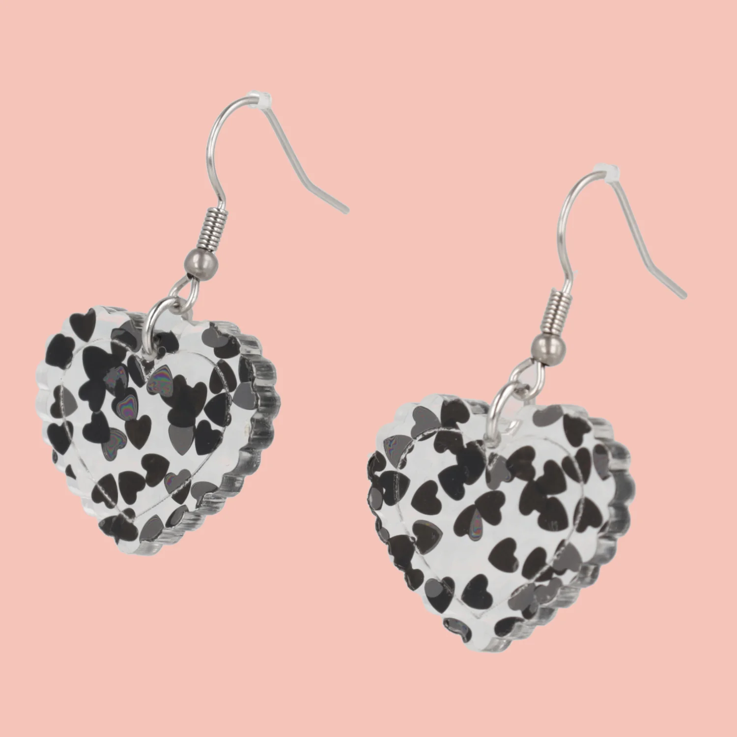 Black Confetti Heart Earrings - Image 3