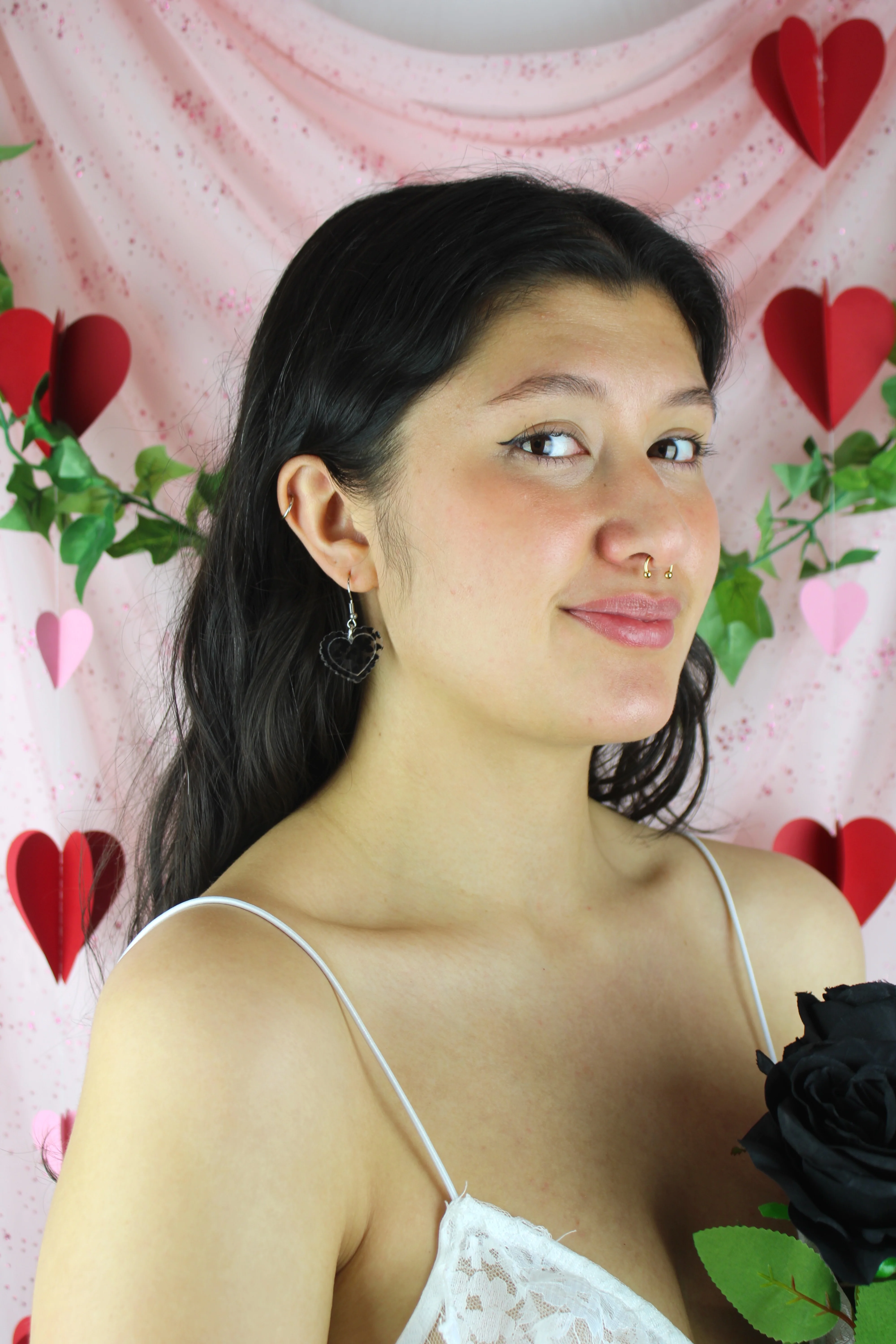 Black Confetti Heart Earrings - Image 4