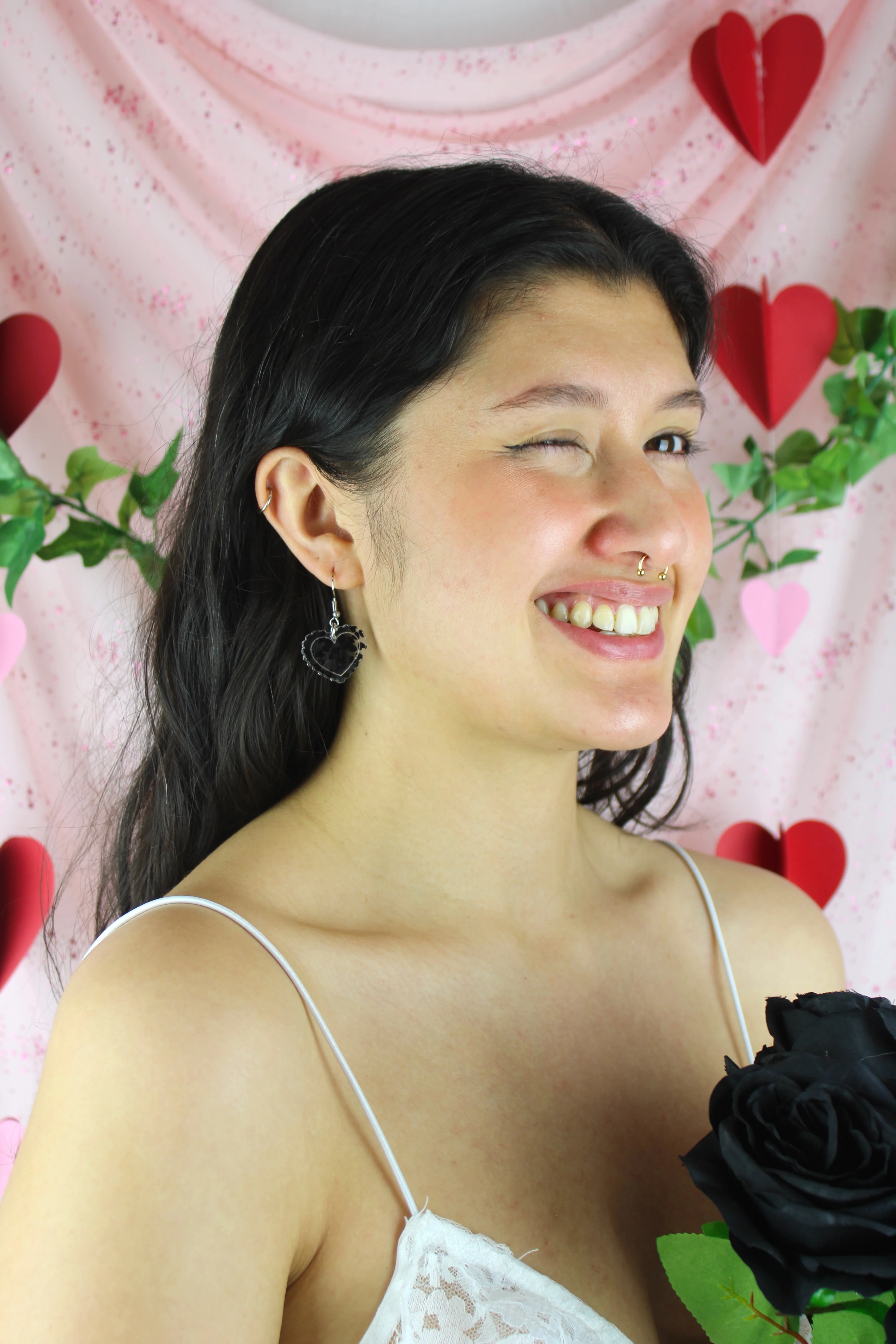 Black Confetti Heart Earrings - Image 7