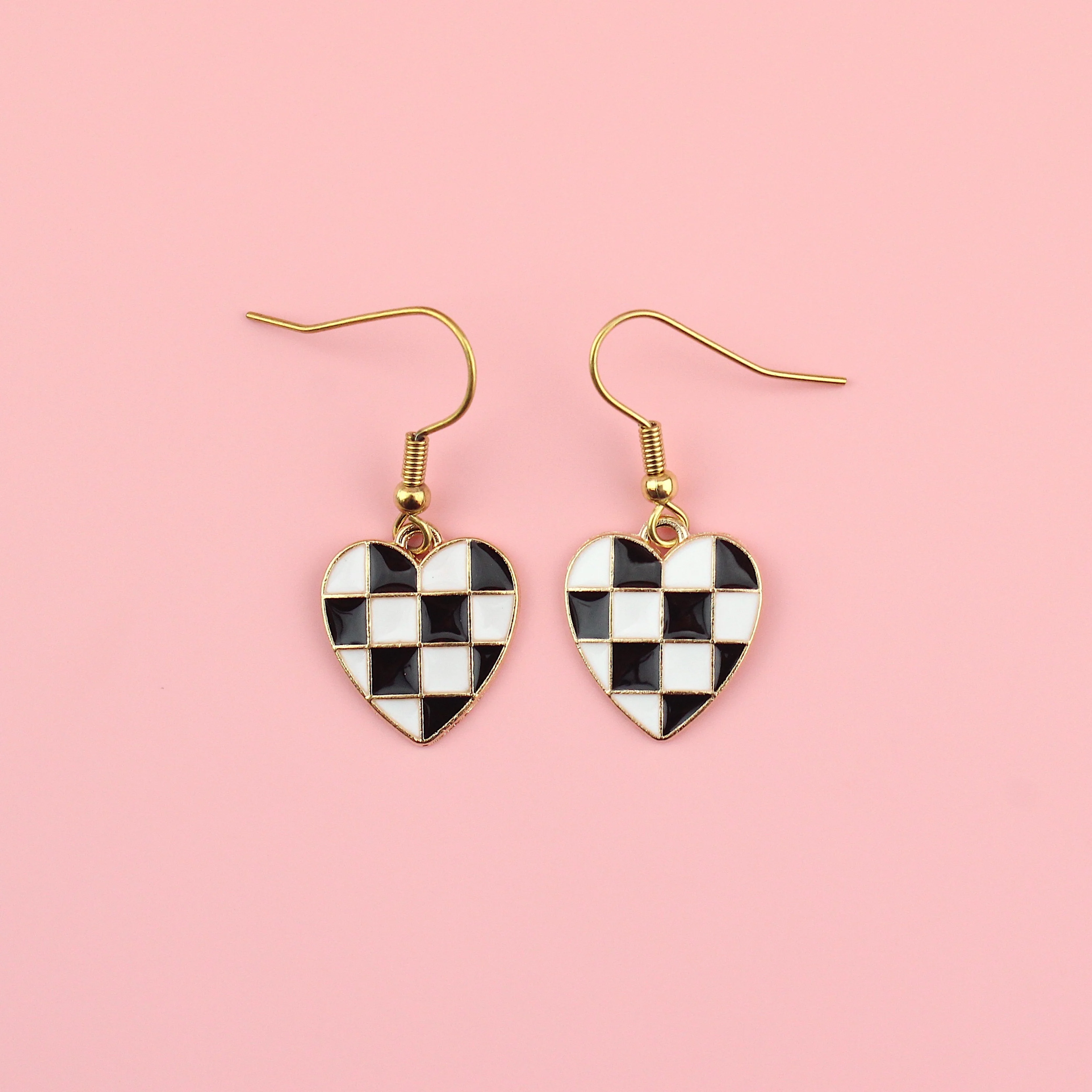 Black & White Heart Checkerboard Earrings