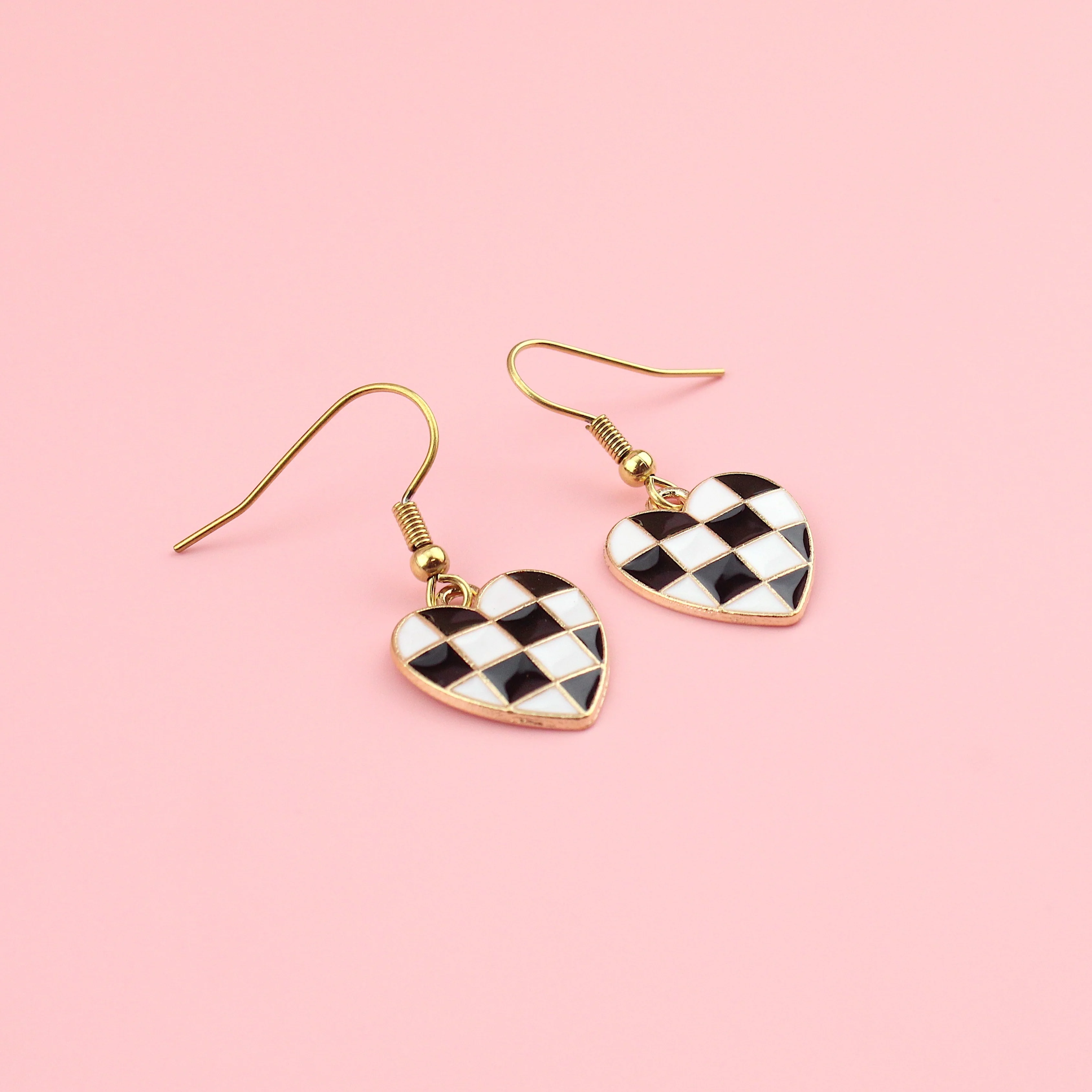 Black & White Heart Checkerboard Earrings - Image 2