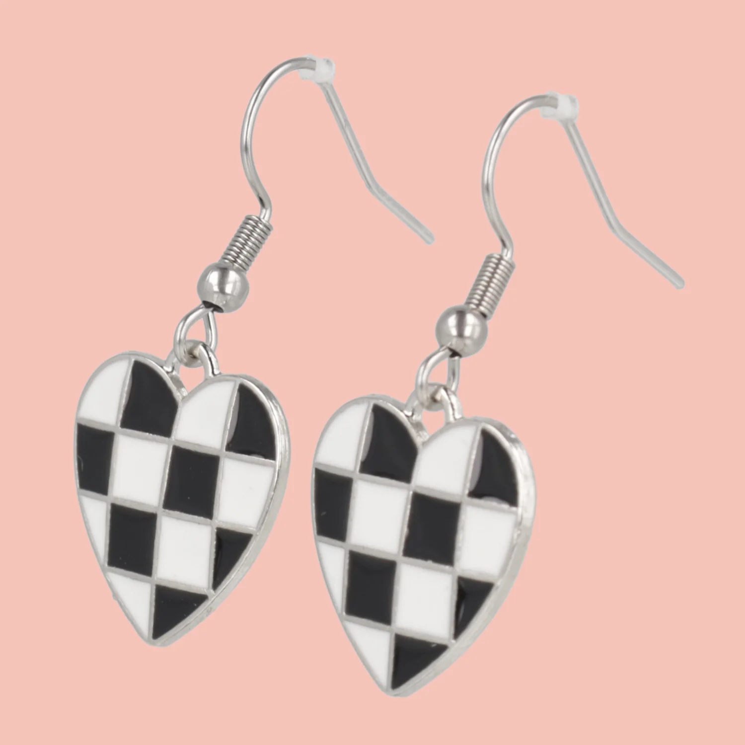 Black & White Heart Checkerboard Earrings (Stainless Steel) - Image 2