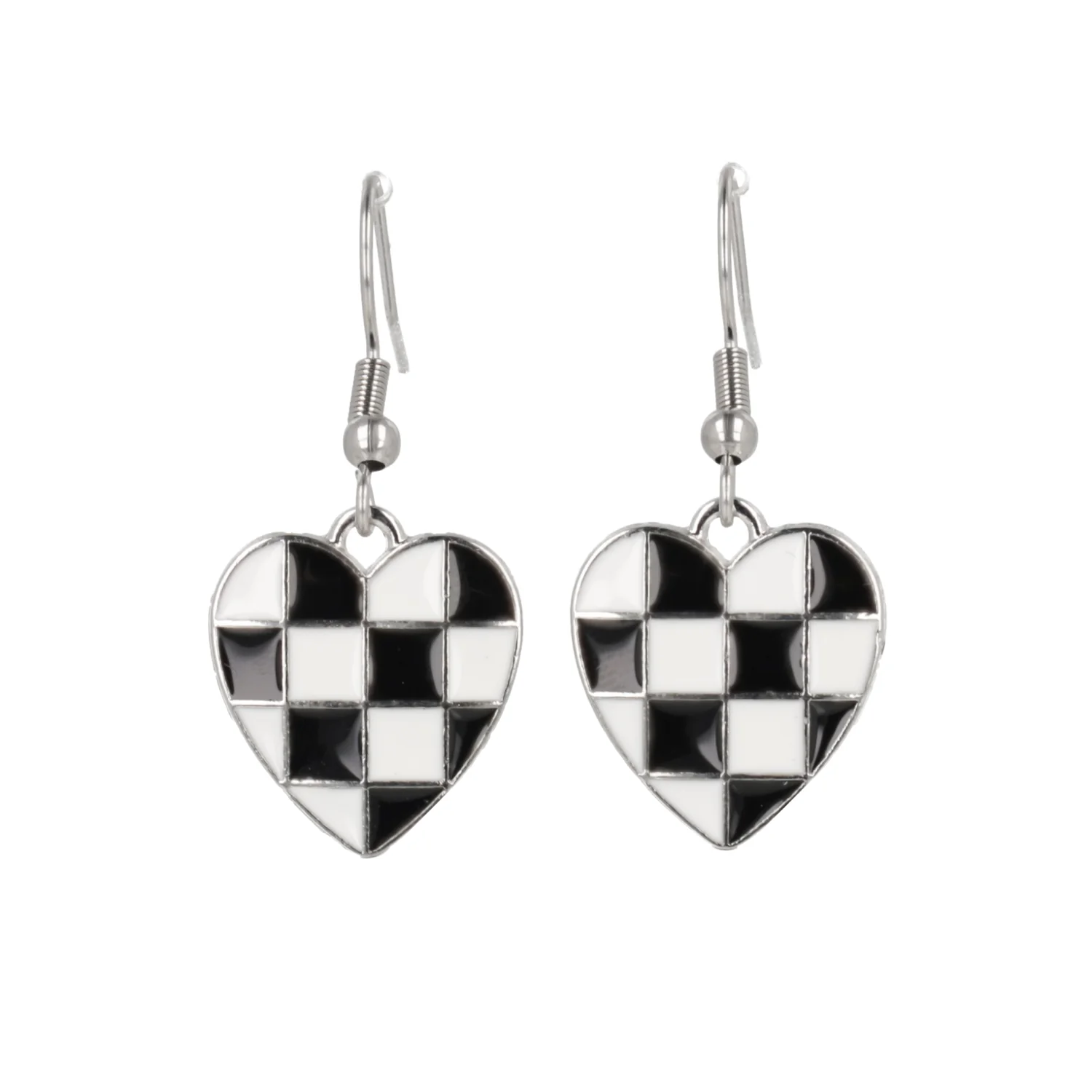 Black & White Heart Checkerboard Earrings (Stainless Steel) - Image 3