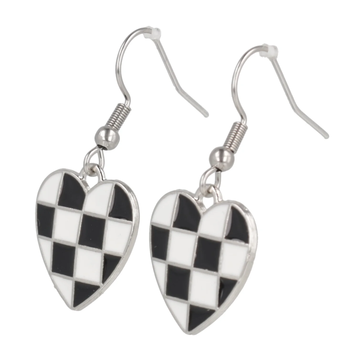 Black & White Heart Checkerboard Earrings (Stainless Steel) - Image 4