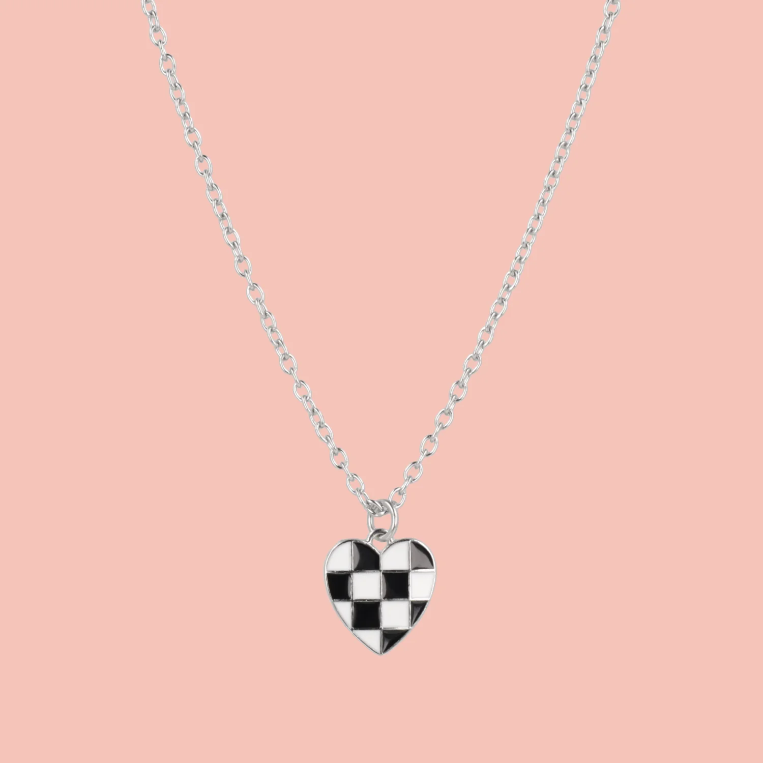 Black & White Heart Checkerboard Necklace
