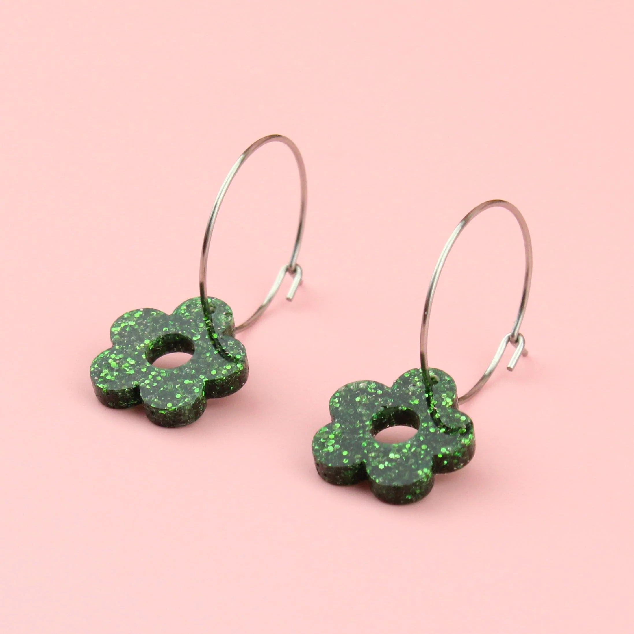 Blooming Botanicals Flower Hoop Earrings (Green Glitter) - Image 2