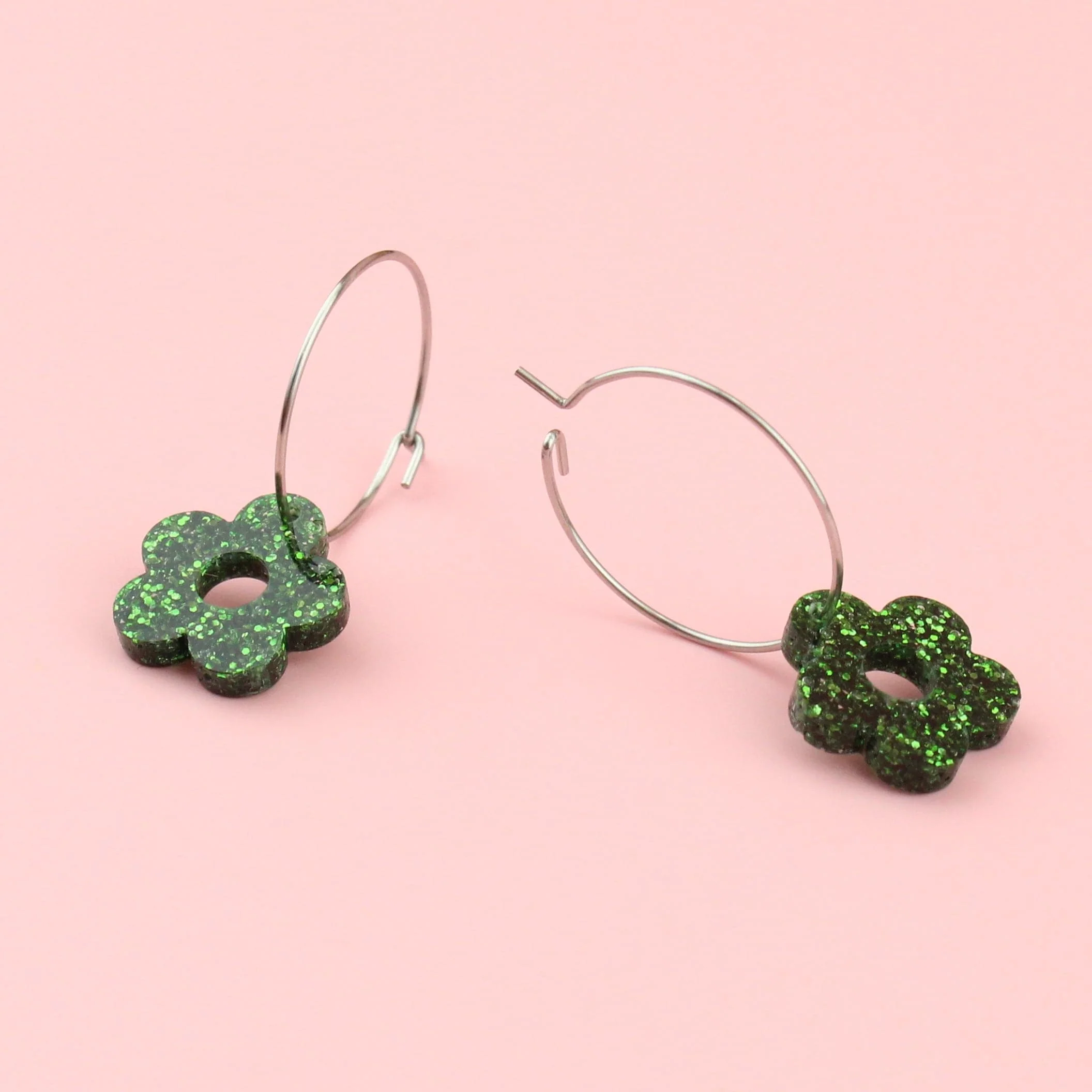 Blooming Botanicals Flower Hoop Earrings (Green Glitter) - Image 3