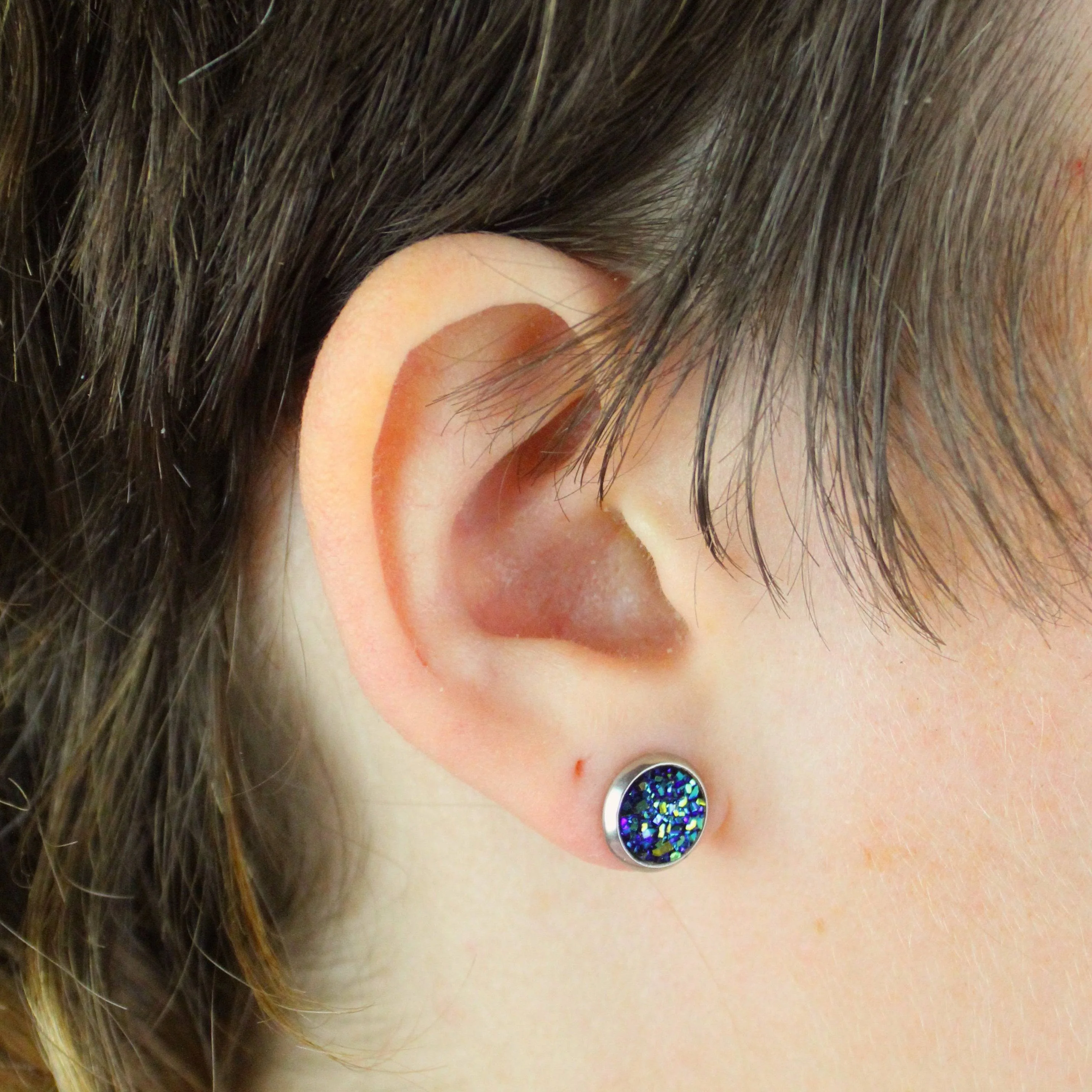 Blue Druzy Stud Earrings - Image 4