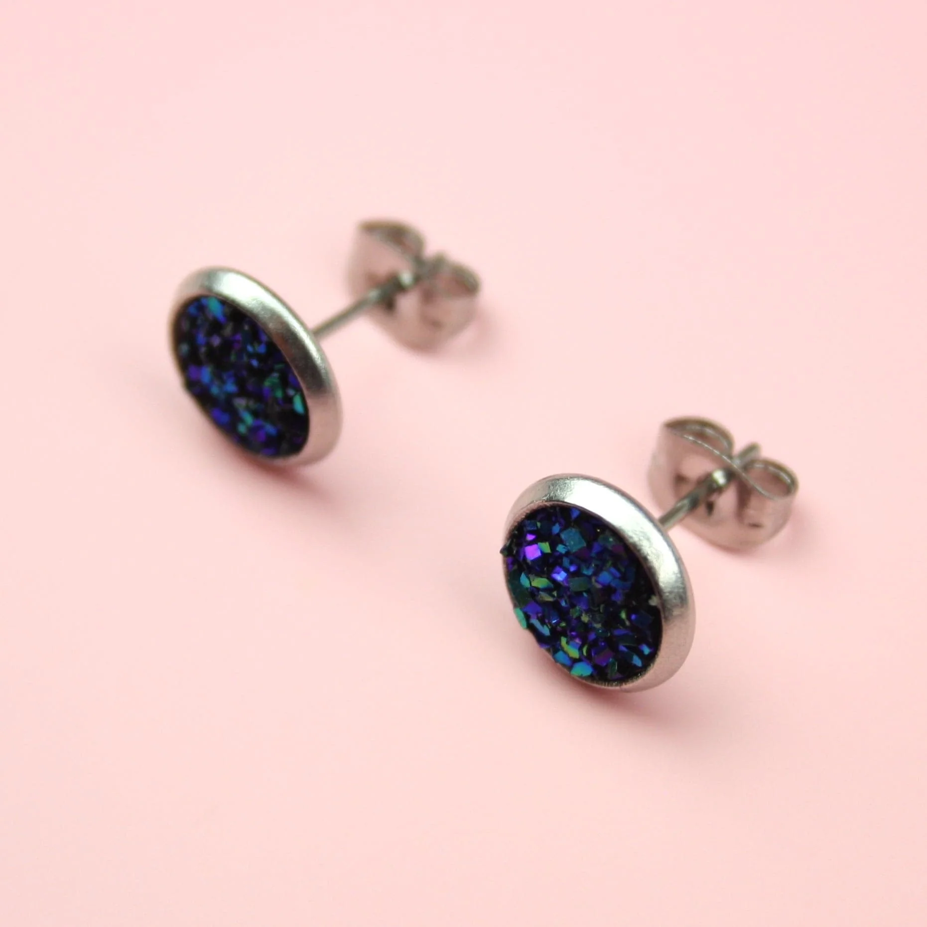 Blue Druzy Stud Earrings - Image 5