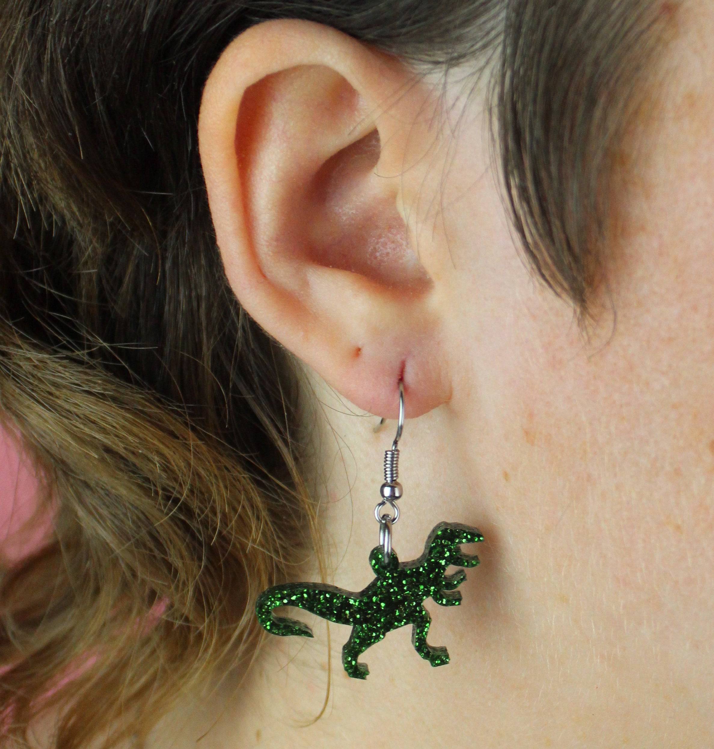 Classic Jurassic Glitter T-Rex Earrings - Image 2