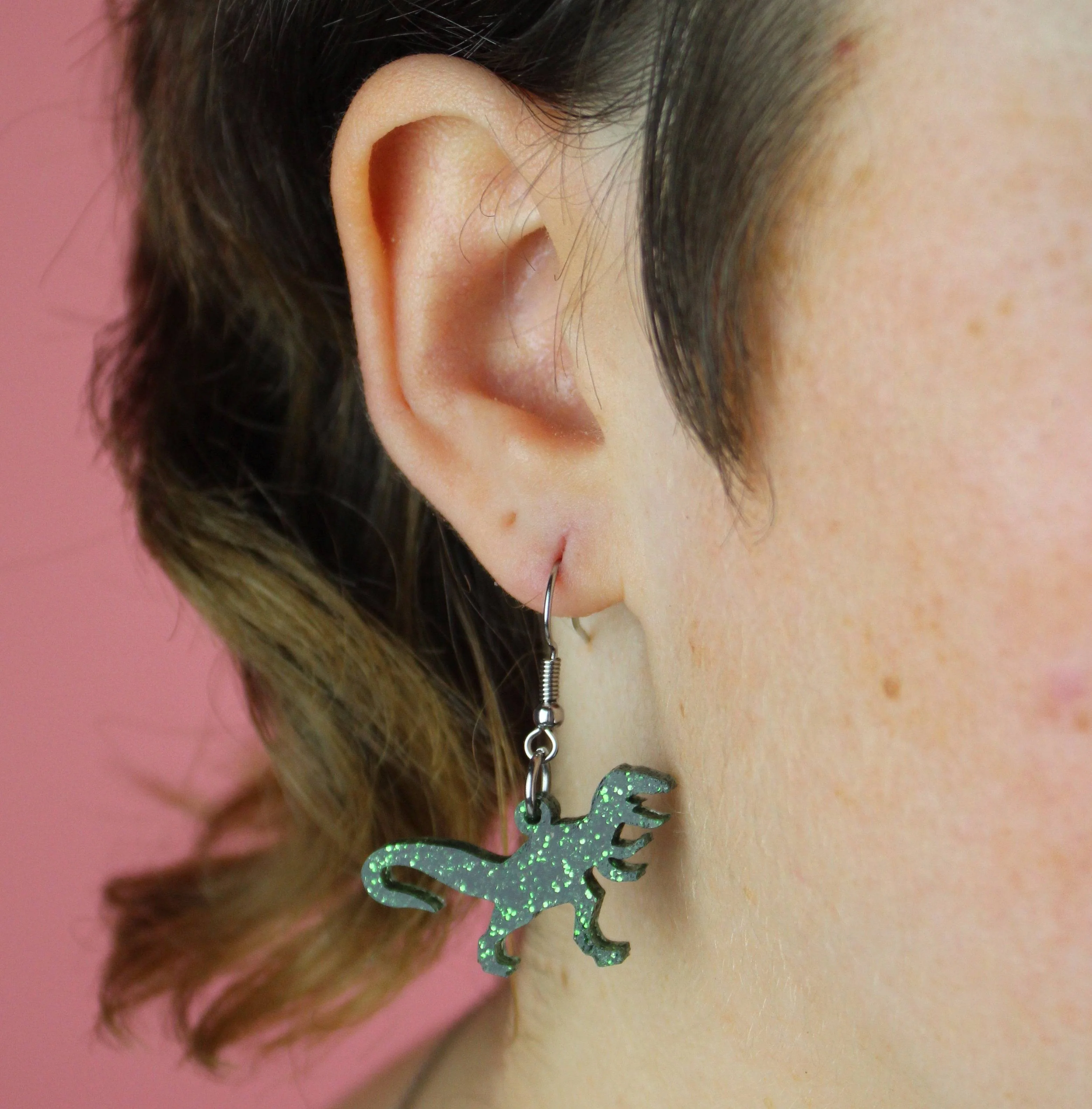 Classic Jurassic Glitter T-Rex Earrings - Image 5