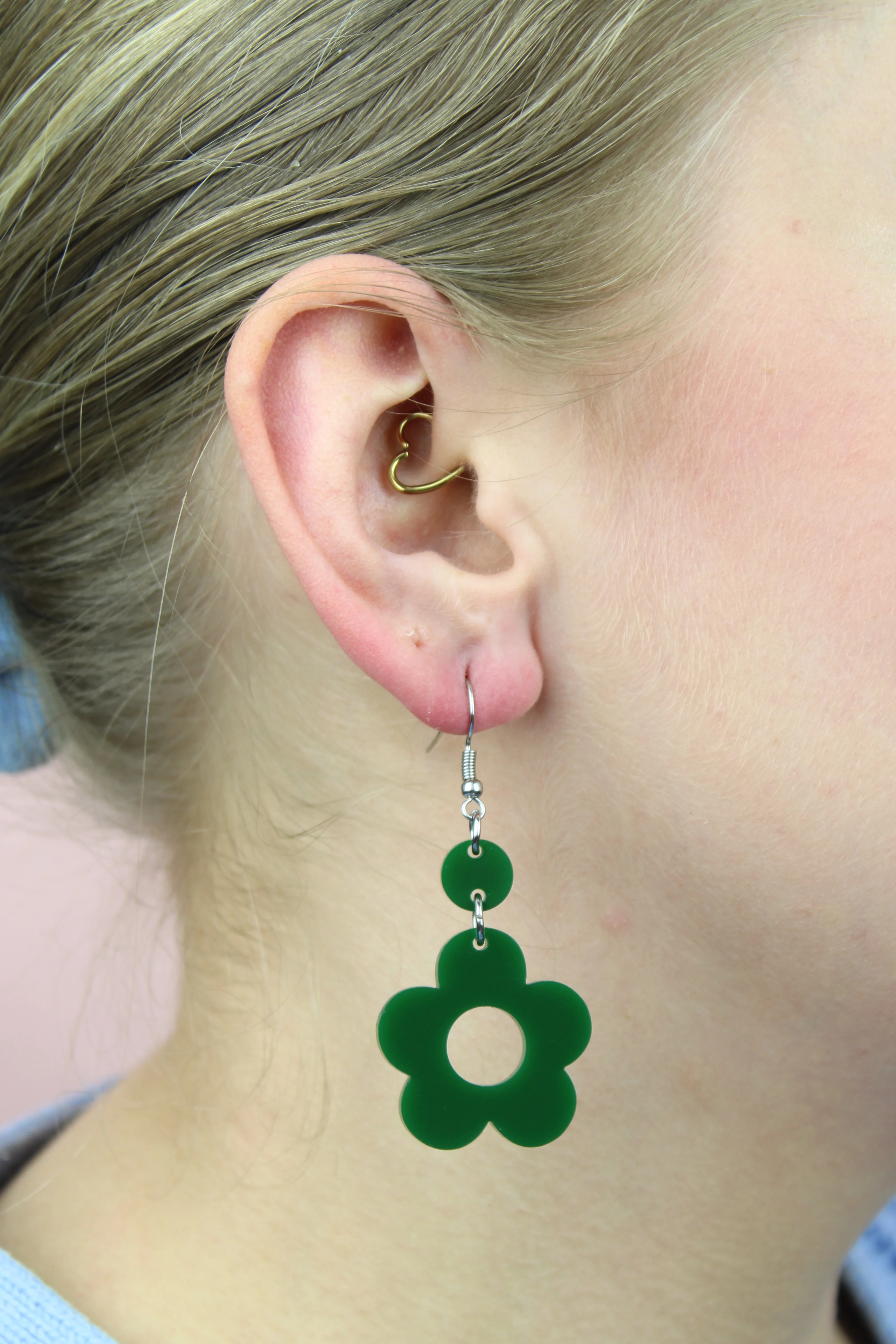 Dark Green Flower Power Earrings - Image 2