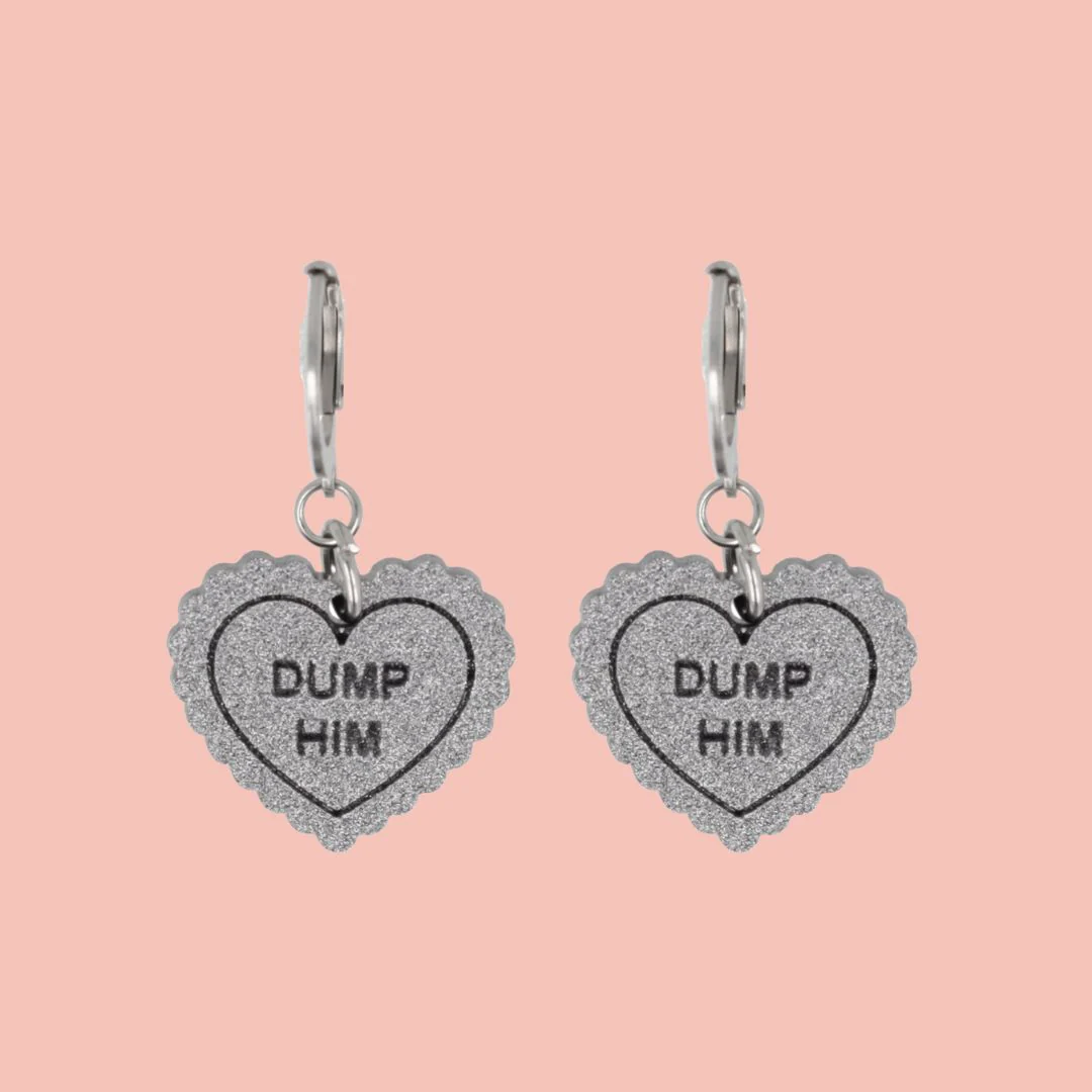 "Dump Him" Loveheart Huggie Hoop Earrings - Silver