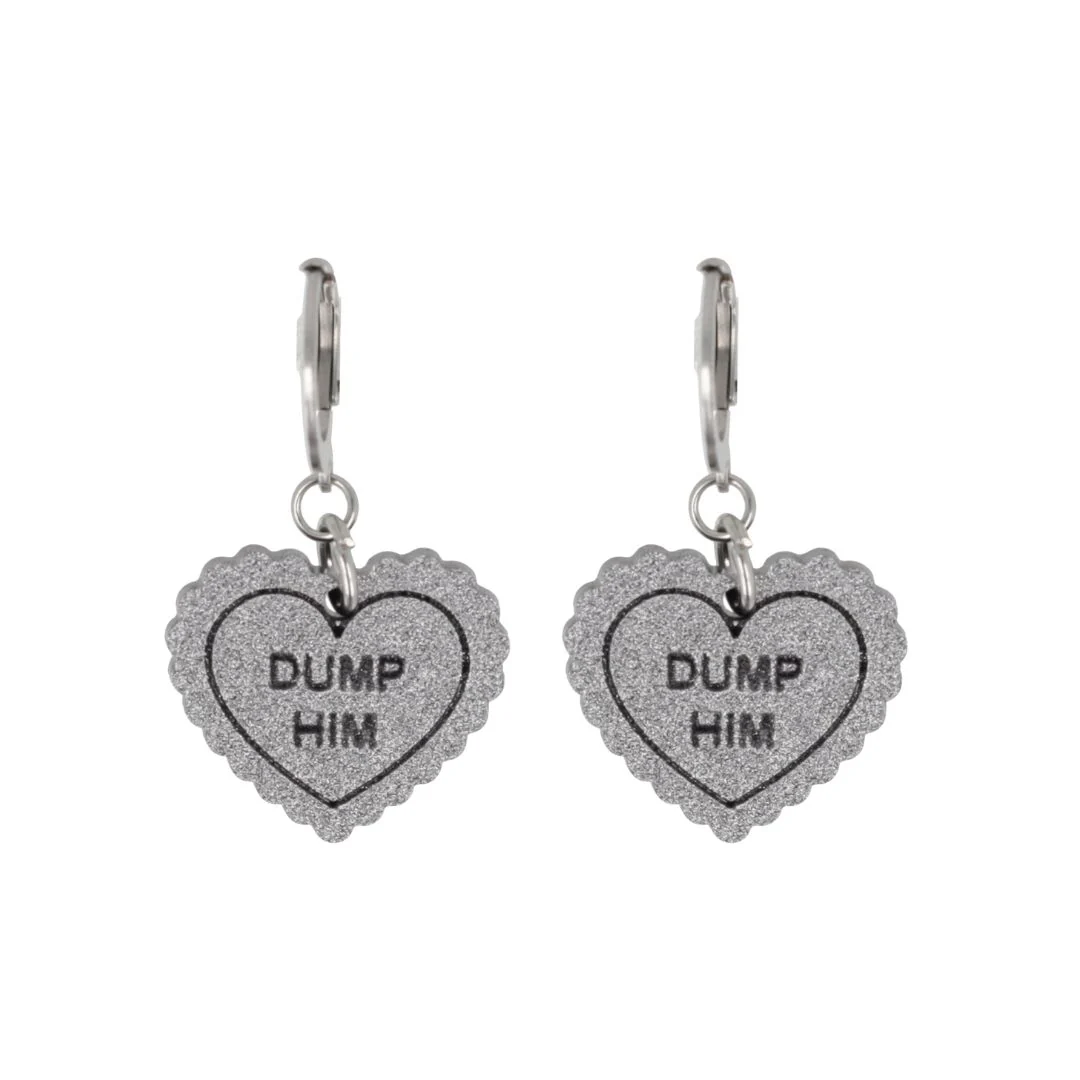 "Dump Him" Loveheart Huggie Hoop Earrings - Silver - Image 3