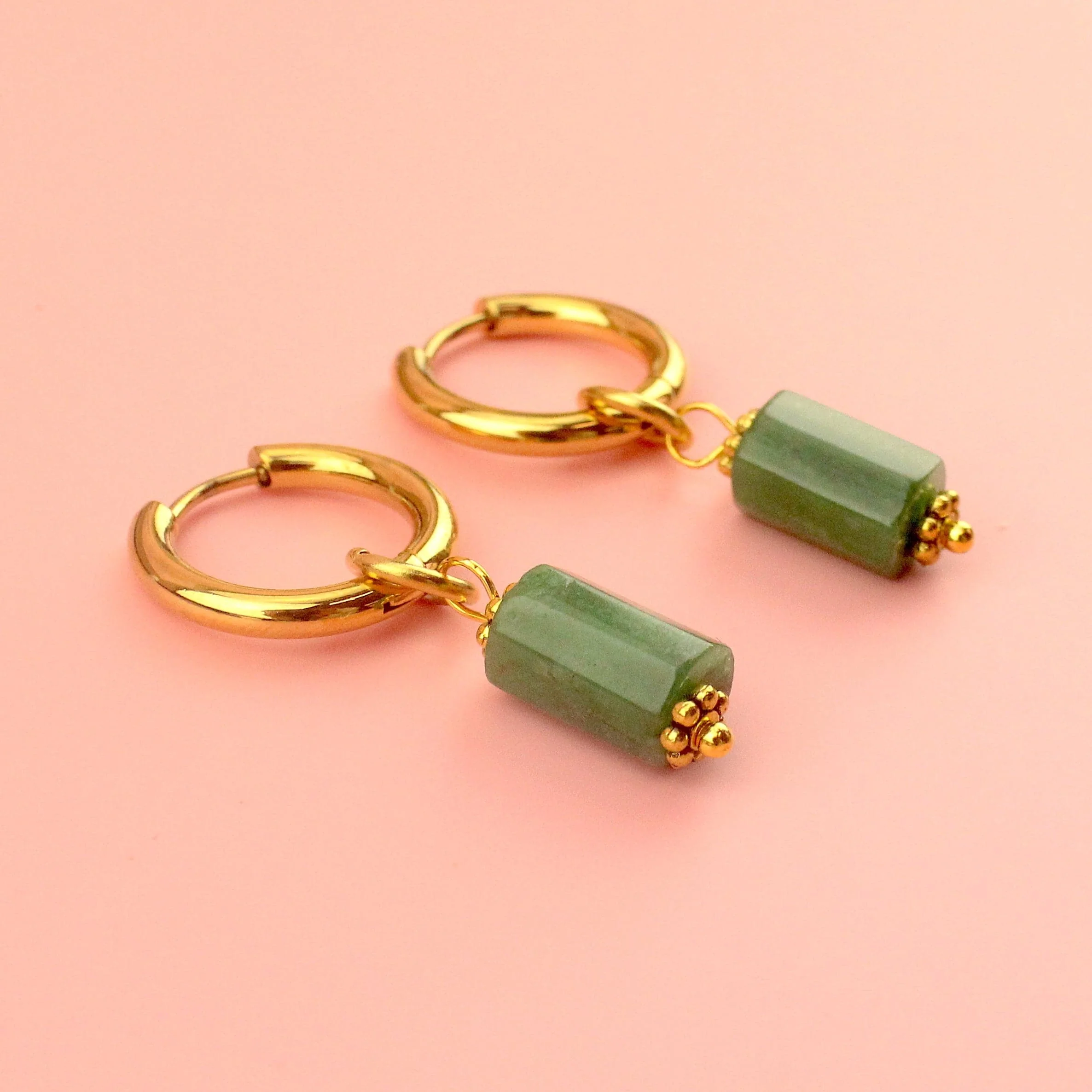 Emerald Stone Hoop Earrings (Gold Plated) - Image 2