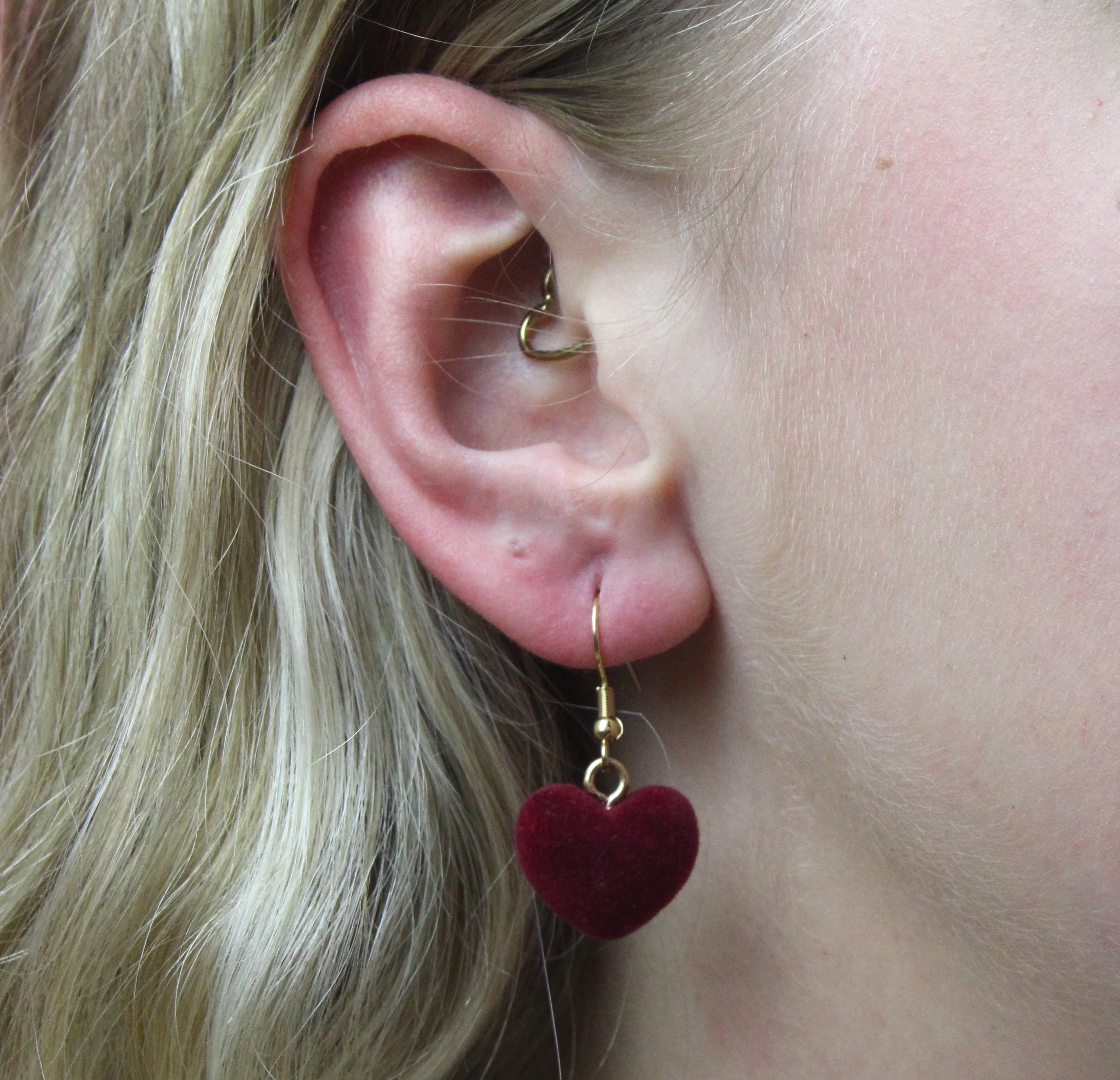 Fuzzy Dark Red Heart Earrings - Image 2