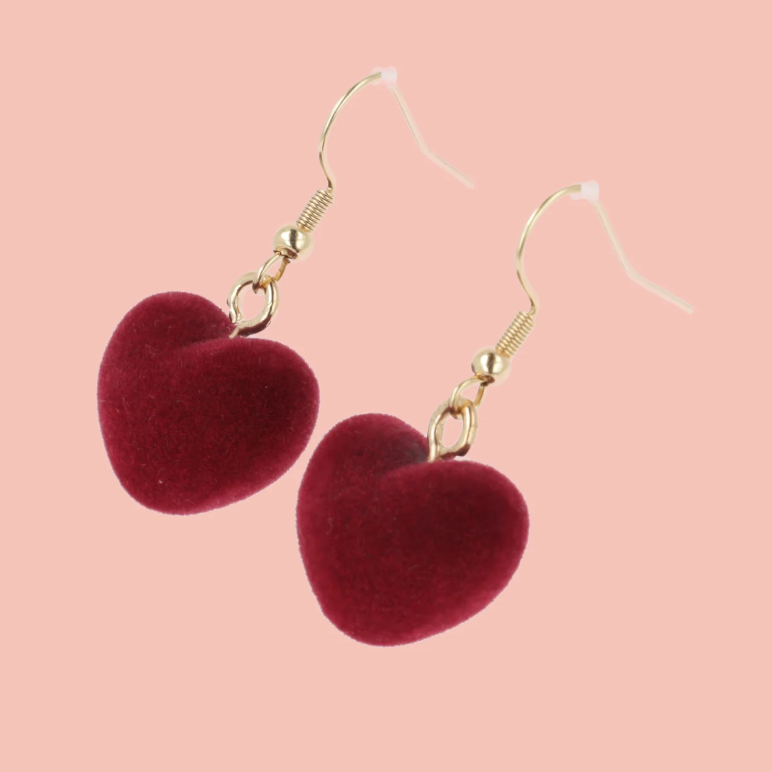 Fuzzy Dark Red Heart Earrings - Image 3