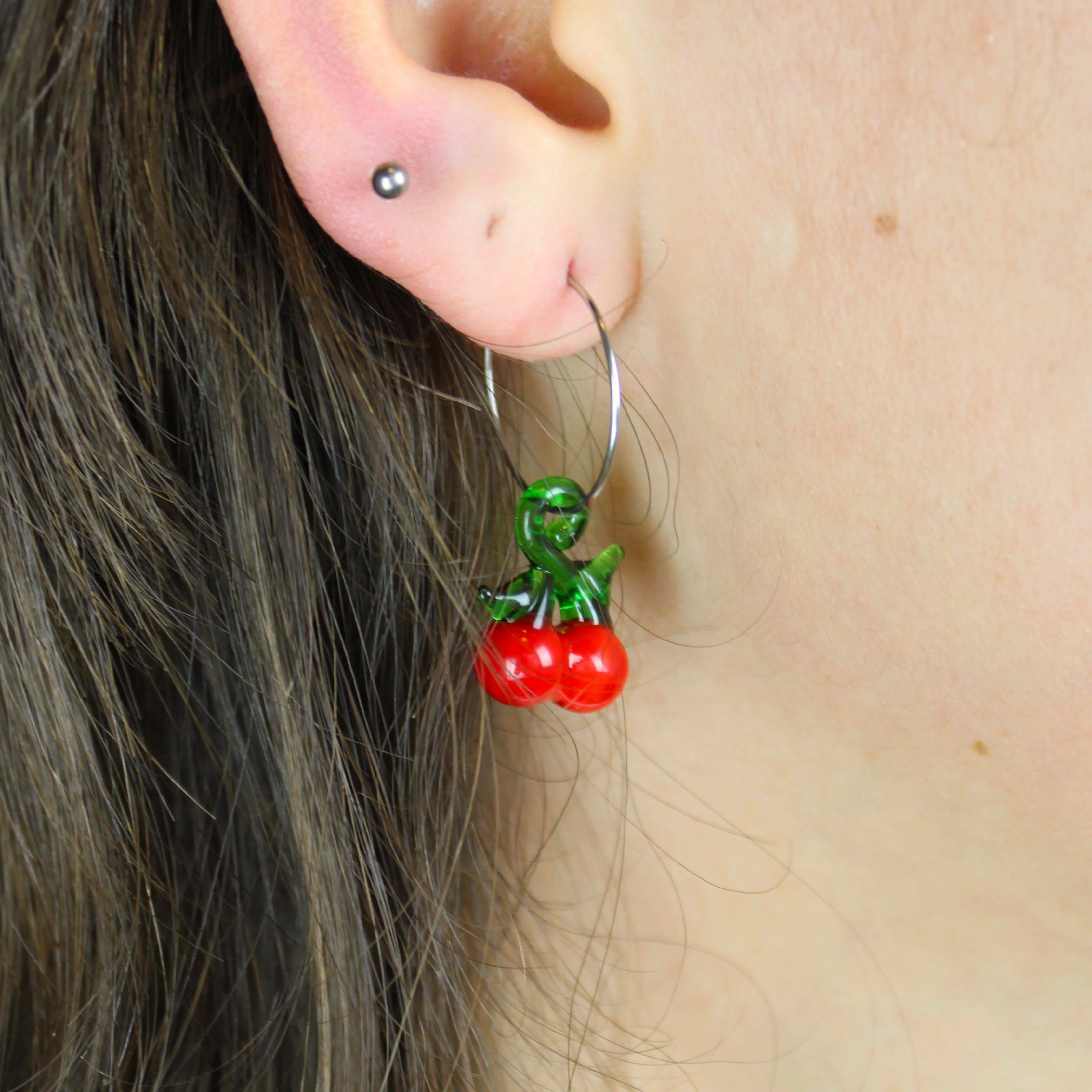 Glass Cherry Hoop Earrings - Image 3