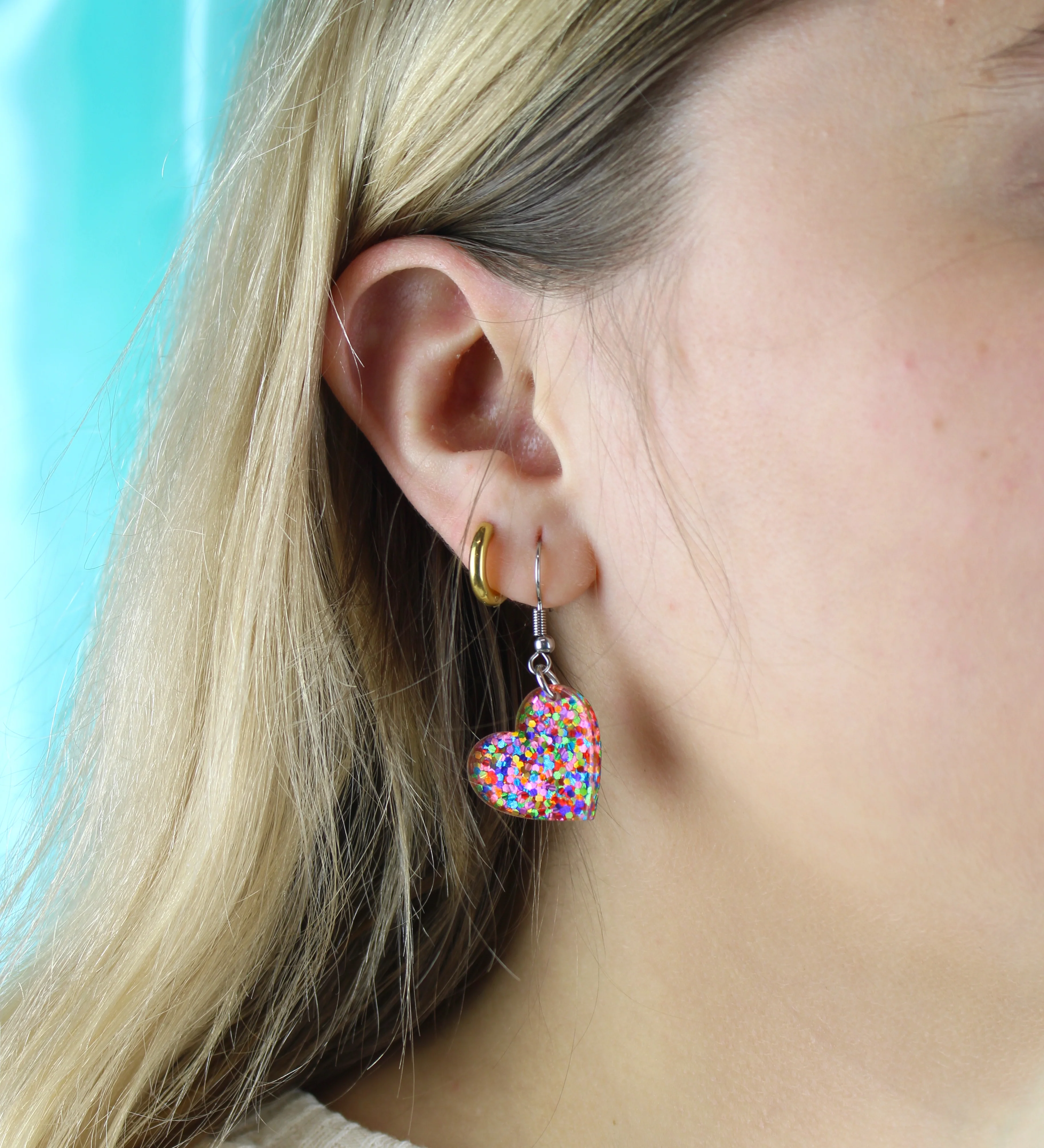 Glitter Rainbow Heart Earrings - Image 4