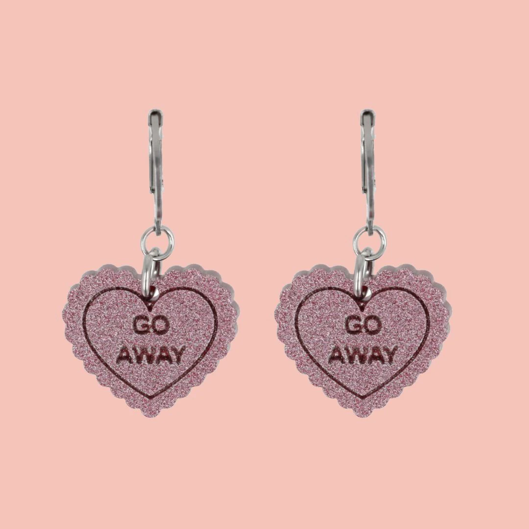 "Go Away" Loveheart Huggie Hoop Earrings - Pink