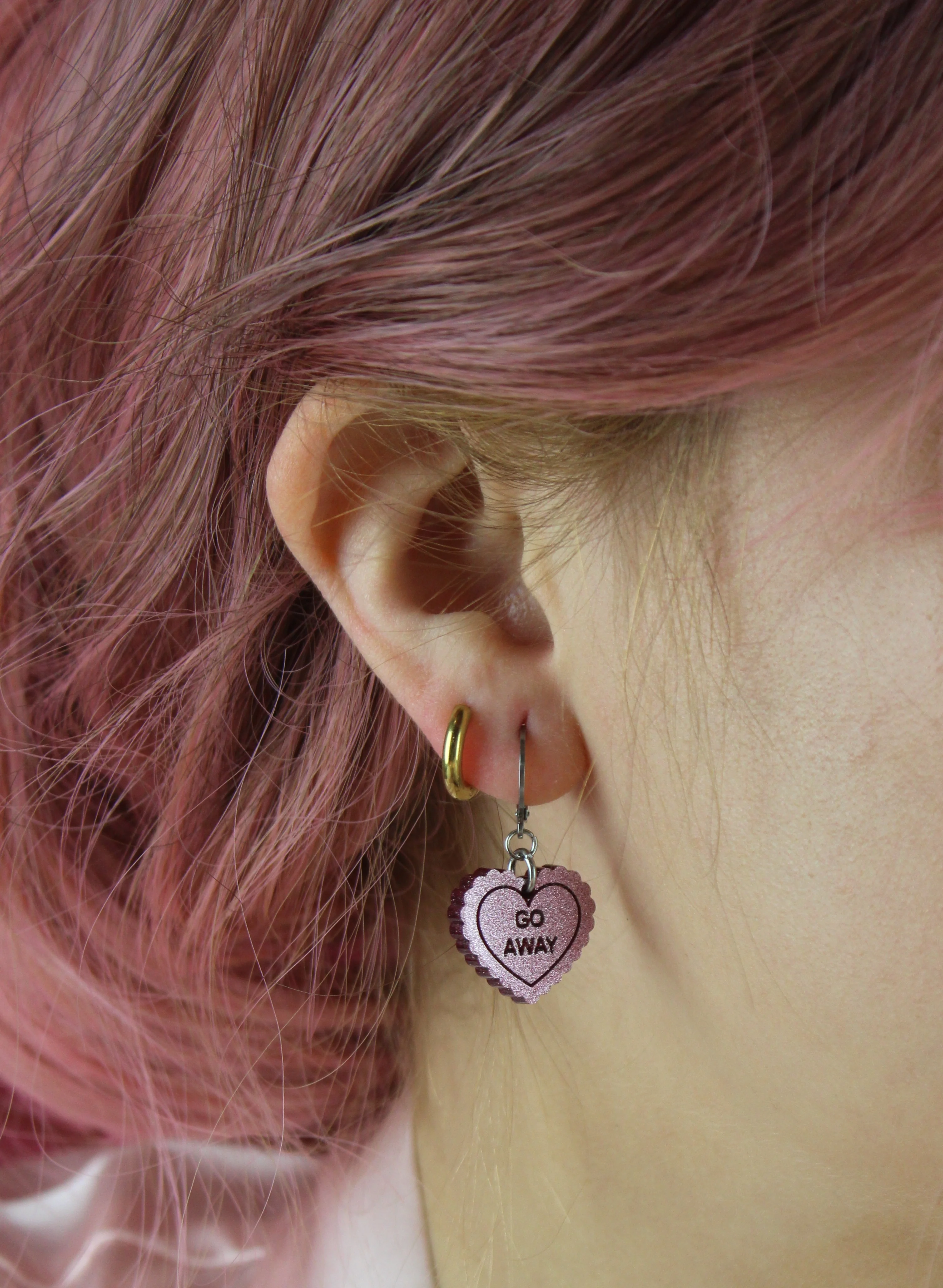 "Go Away" Loveheart Huggie Hoop Earrings - Pink - Image 2