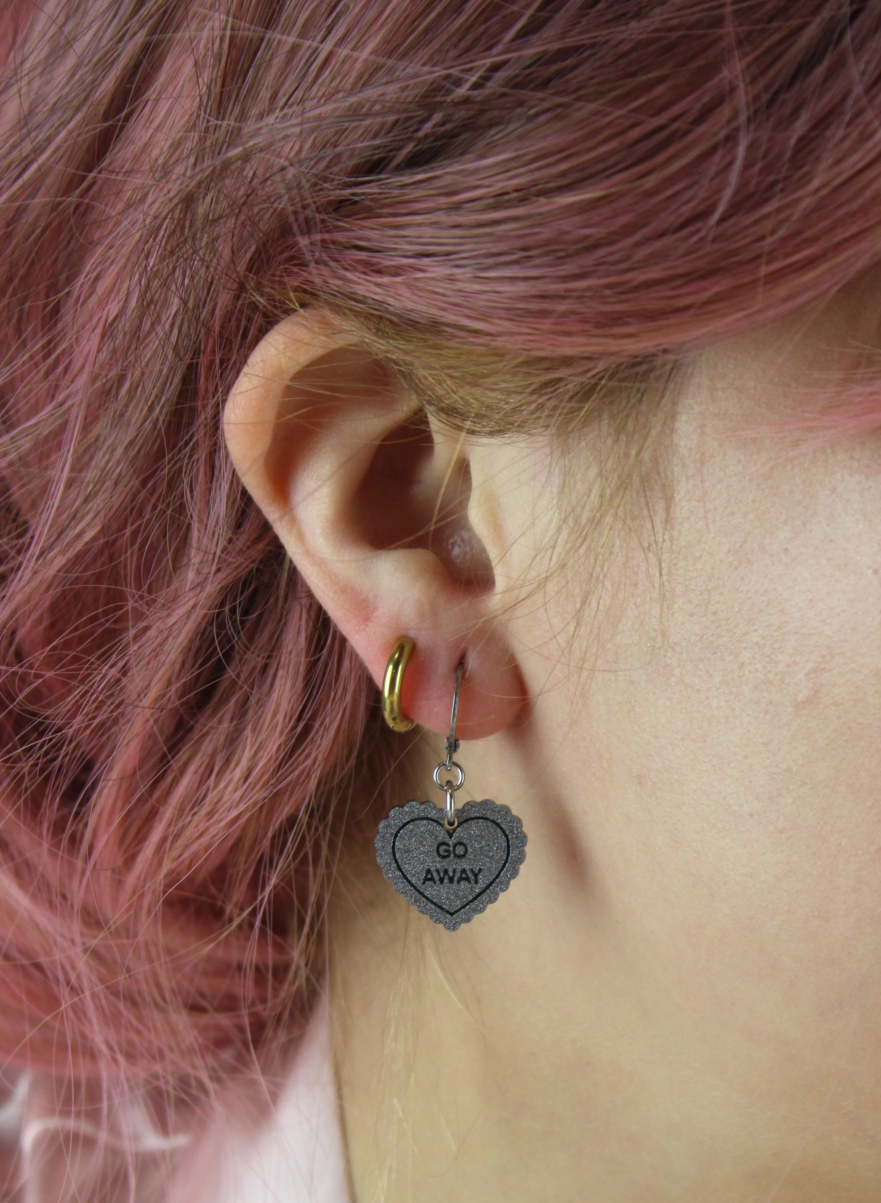 "Go Away" Loveheart Huggie Hoop Earrings - Silver - Image 2