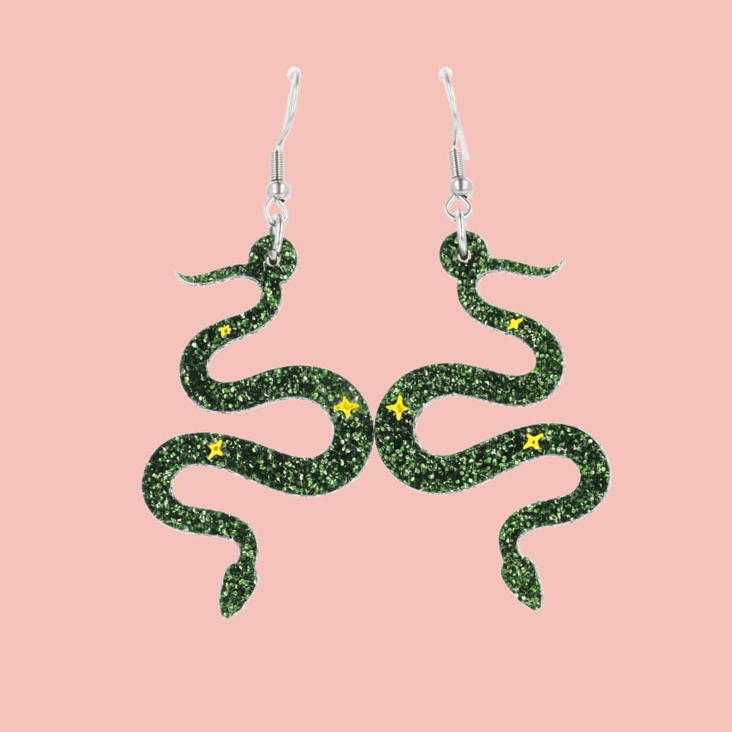 Green Glitter Medusa Snake Earrings - Image 2