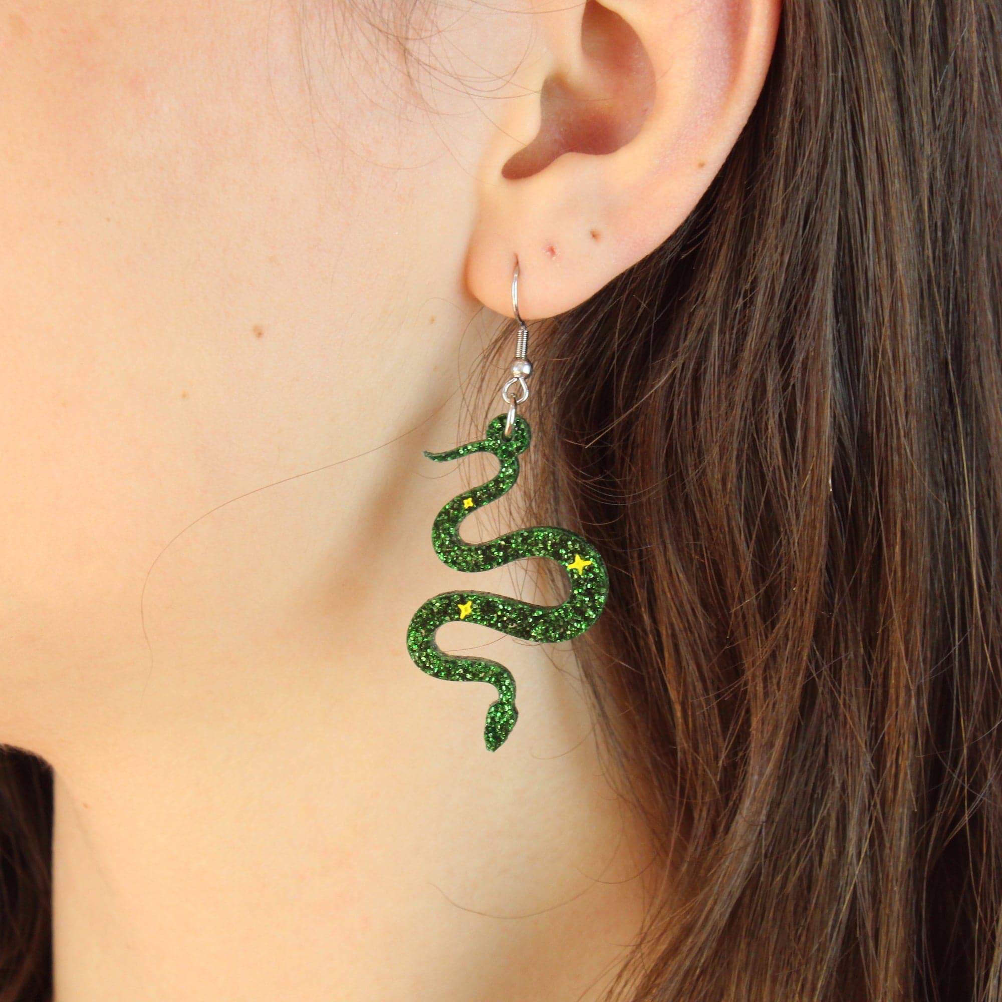 Green Glitter Medusa Snake Earrings - Image 3