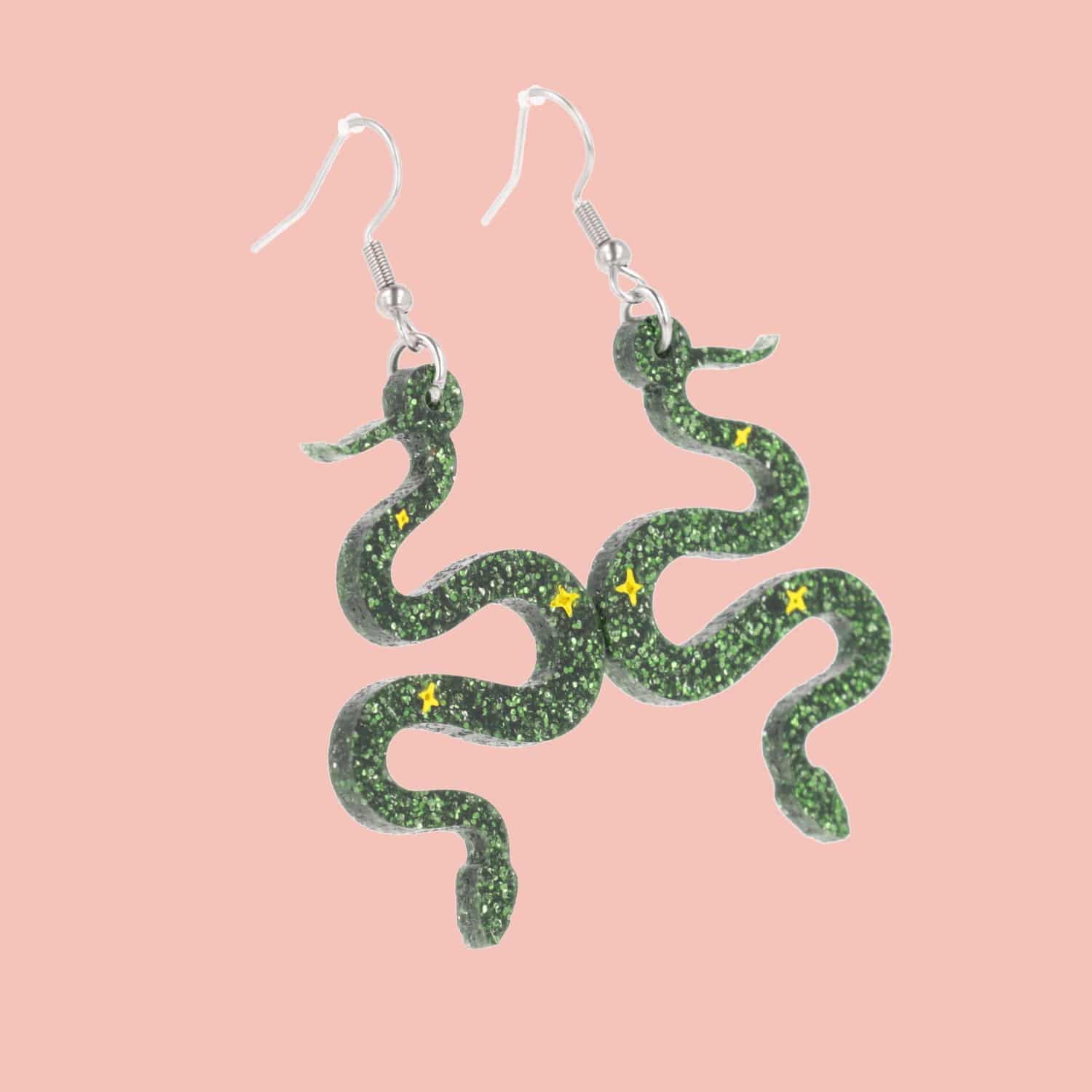 Green Glitter Medusa Snake Earrings - Image 4