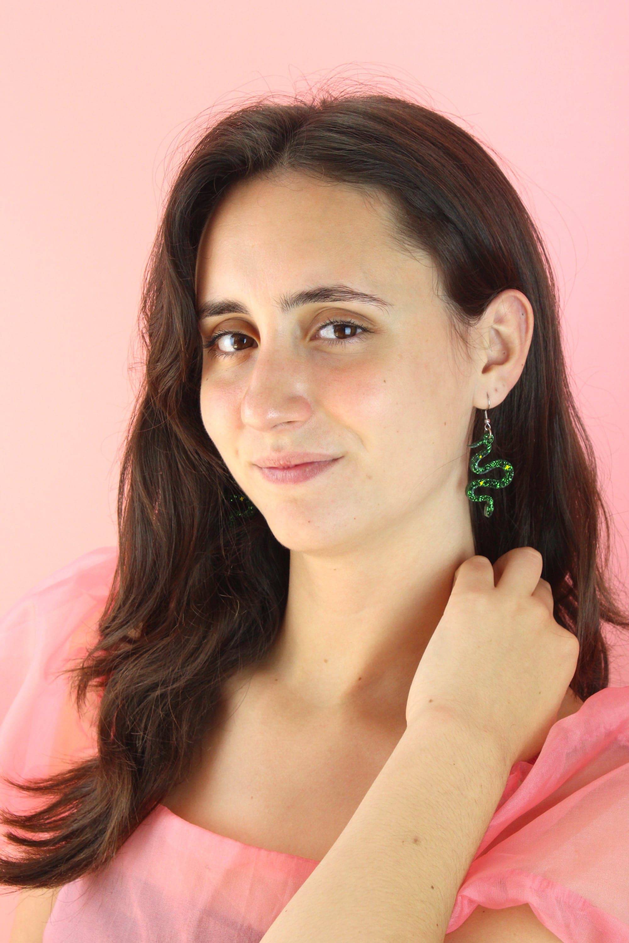 Green Glitter Medusa Snake Earrings - Image 5