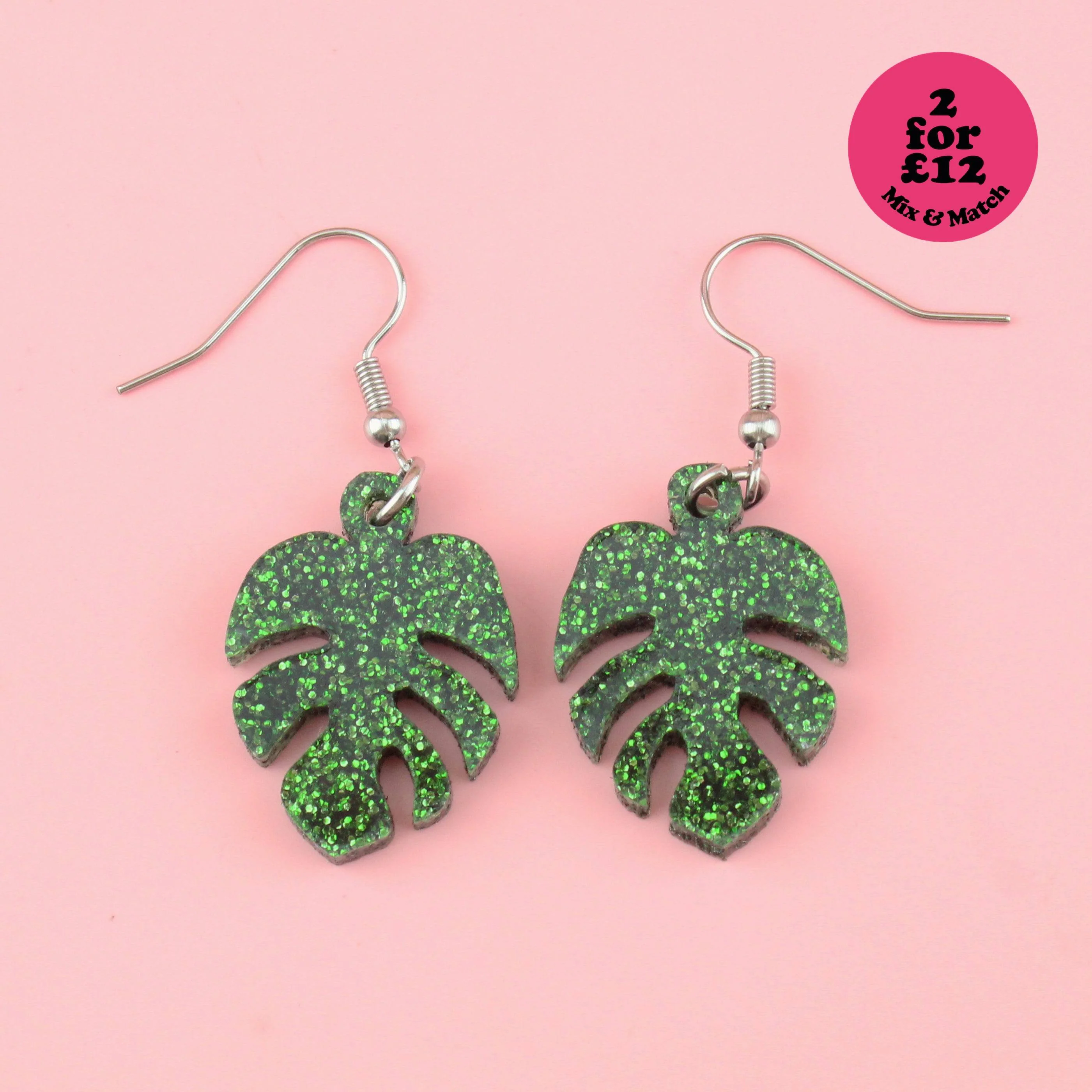 Green Glitter Monstera Earrings