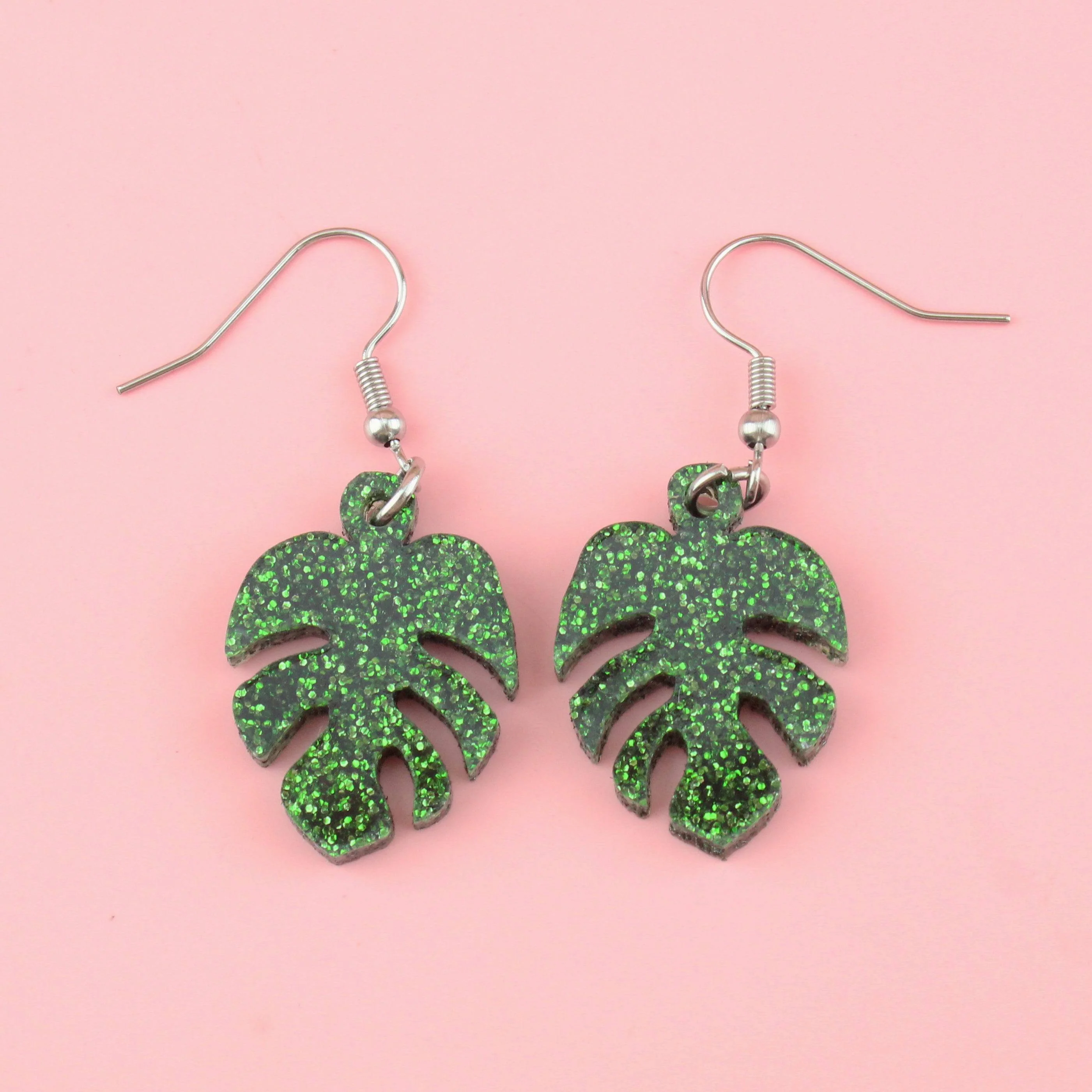 Green Glitter Monstera Earrings - Image 2