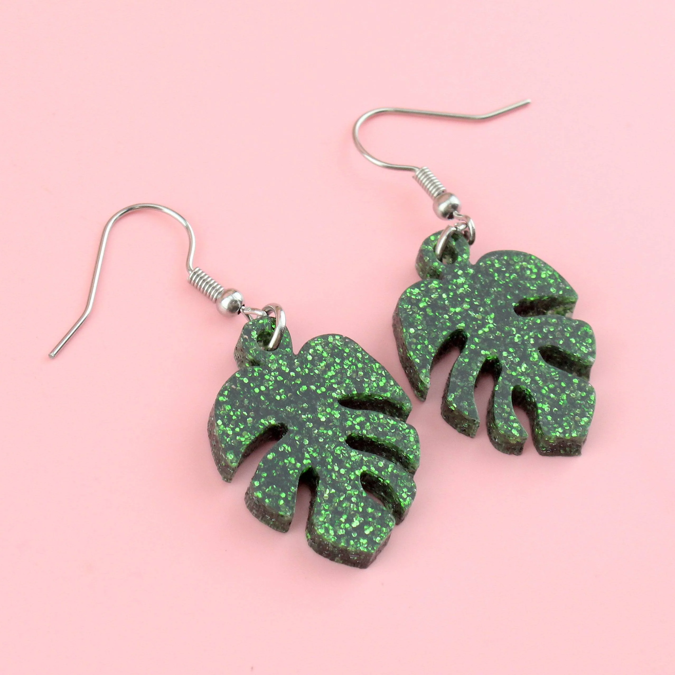Green Glitter Monstera Earrings - Image 4
