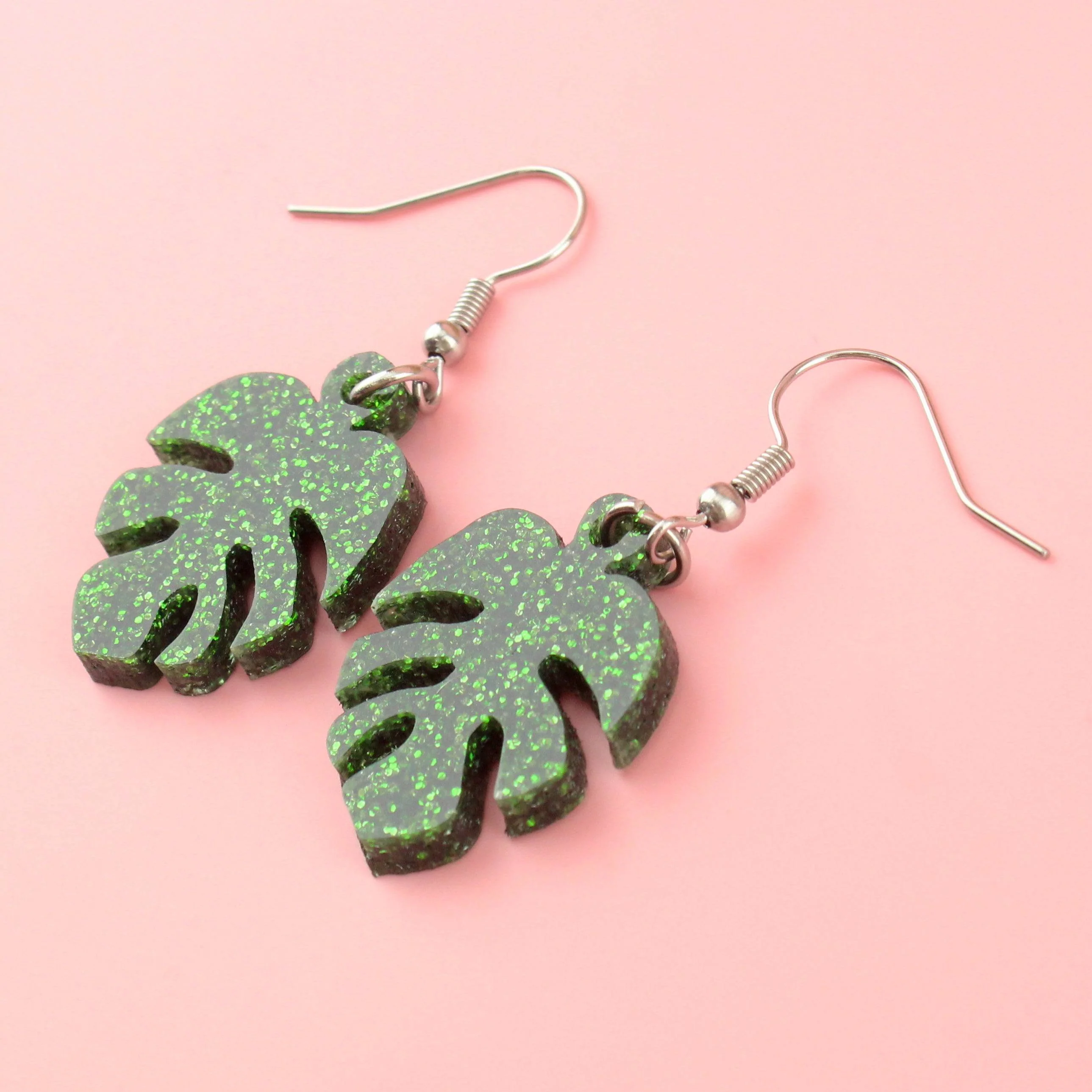 Green Glitter Monstera Earrings - Image 6