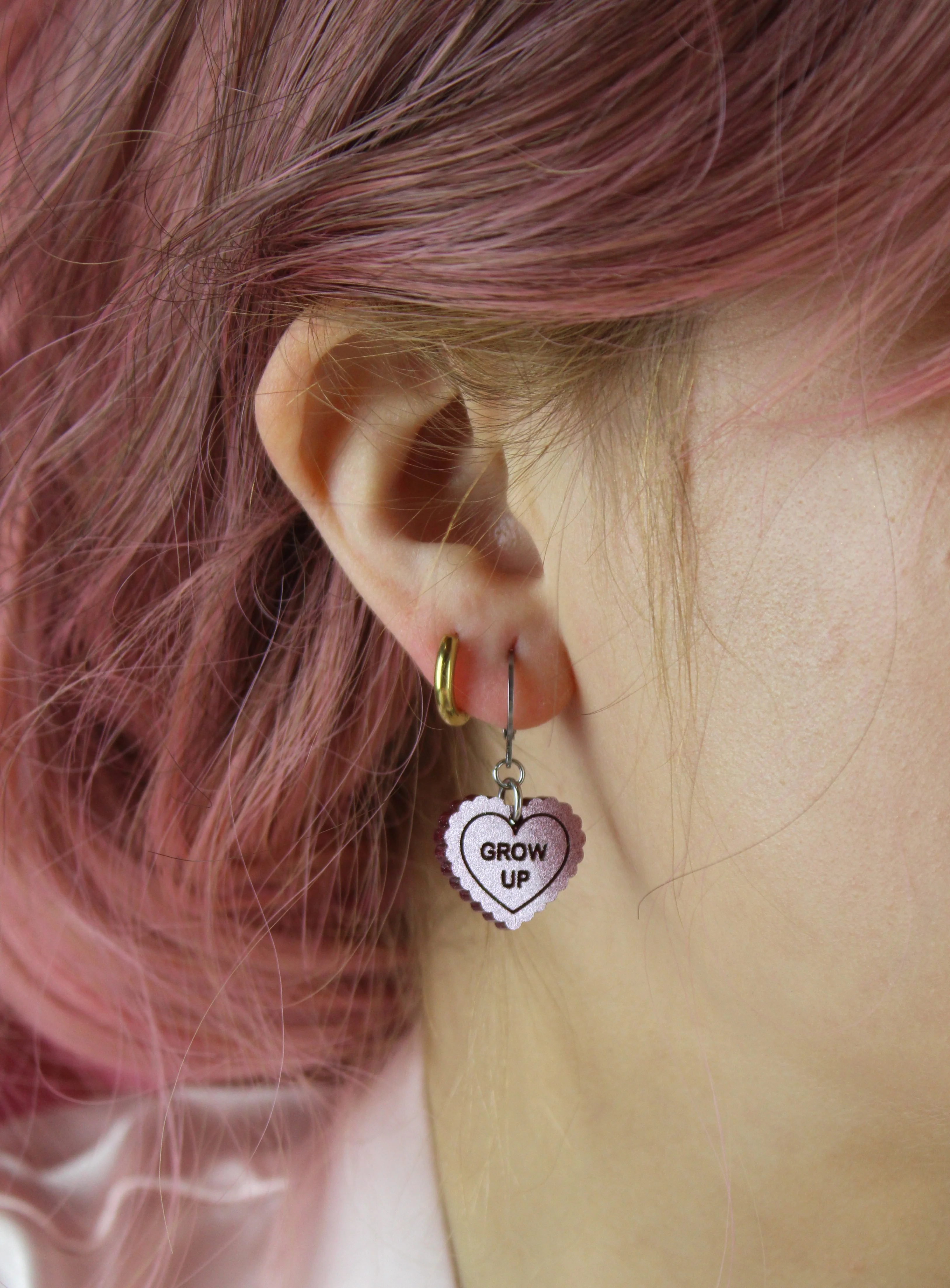"Grow Up" Loveheart Huggie Hoop Earrings - Pink - Image 2