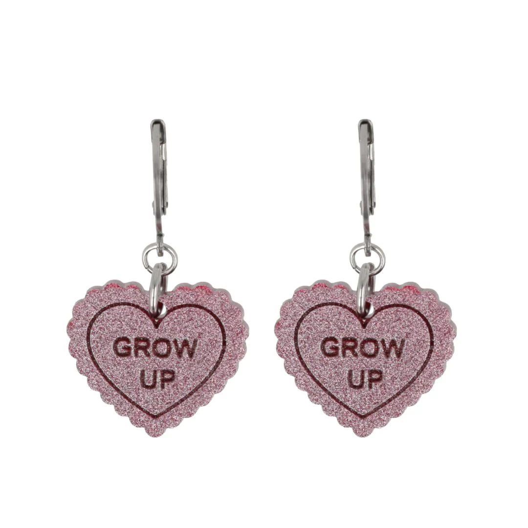 "Grow Up" Loveheart Huggie Hoop Earrings - Pink - Image 3