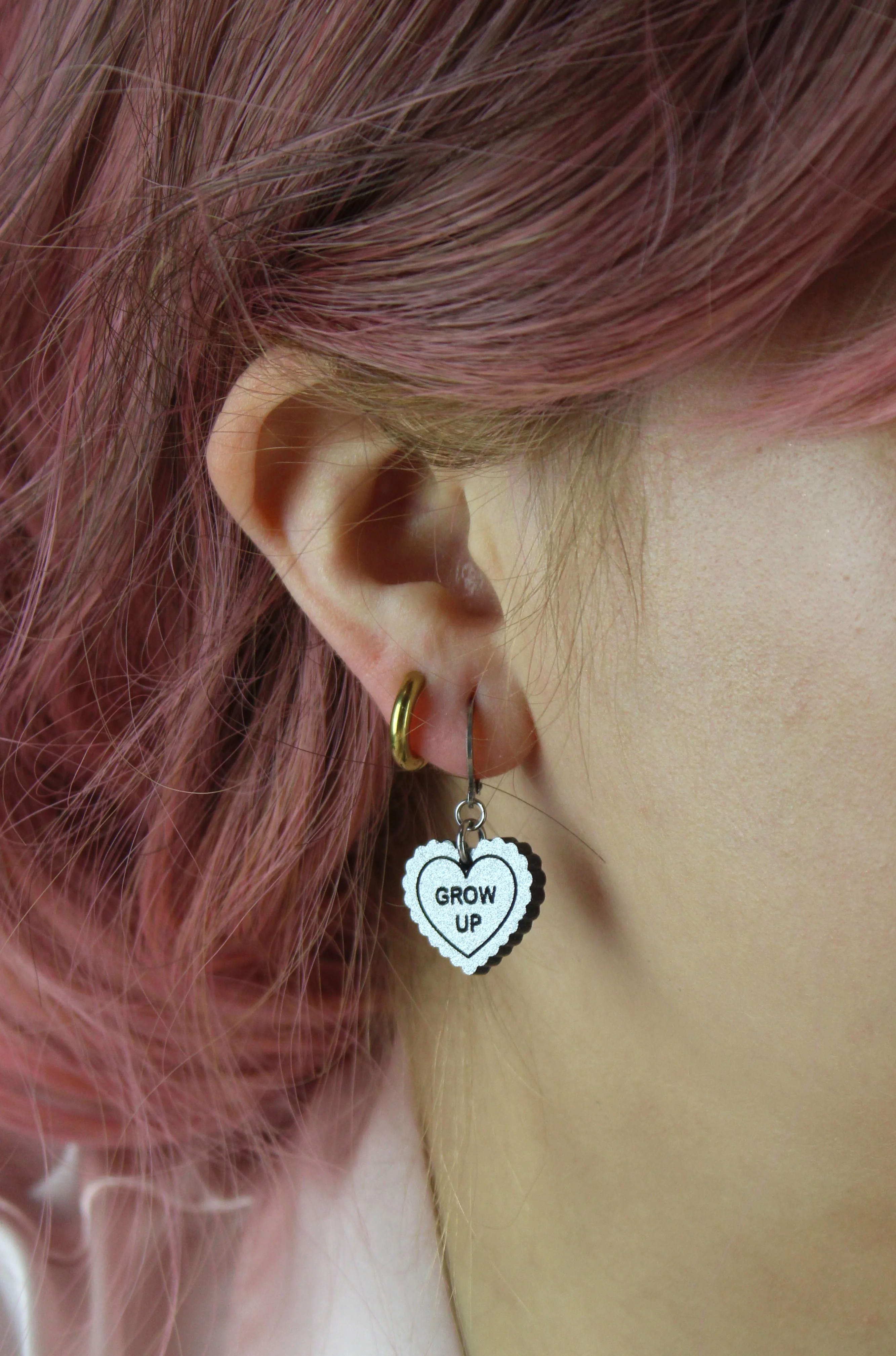 "Grow Up" Loveheart Huggie Hoop Earrings - Silver - Image 2