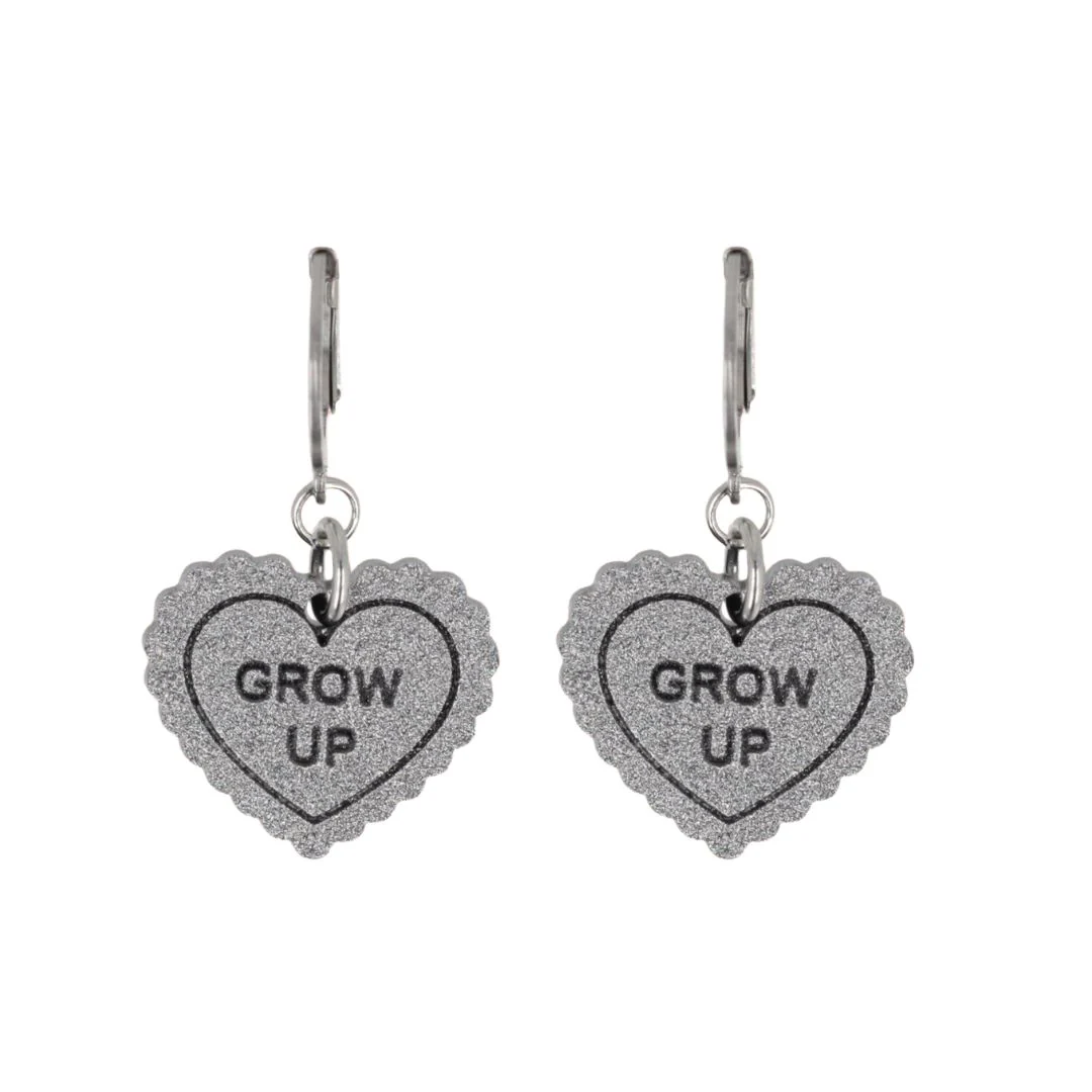 "Grow Up" Loveheart Huggie Hoop Earrings - Silver - Image 3
