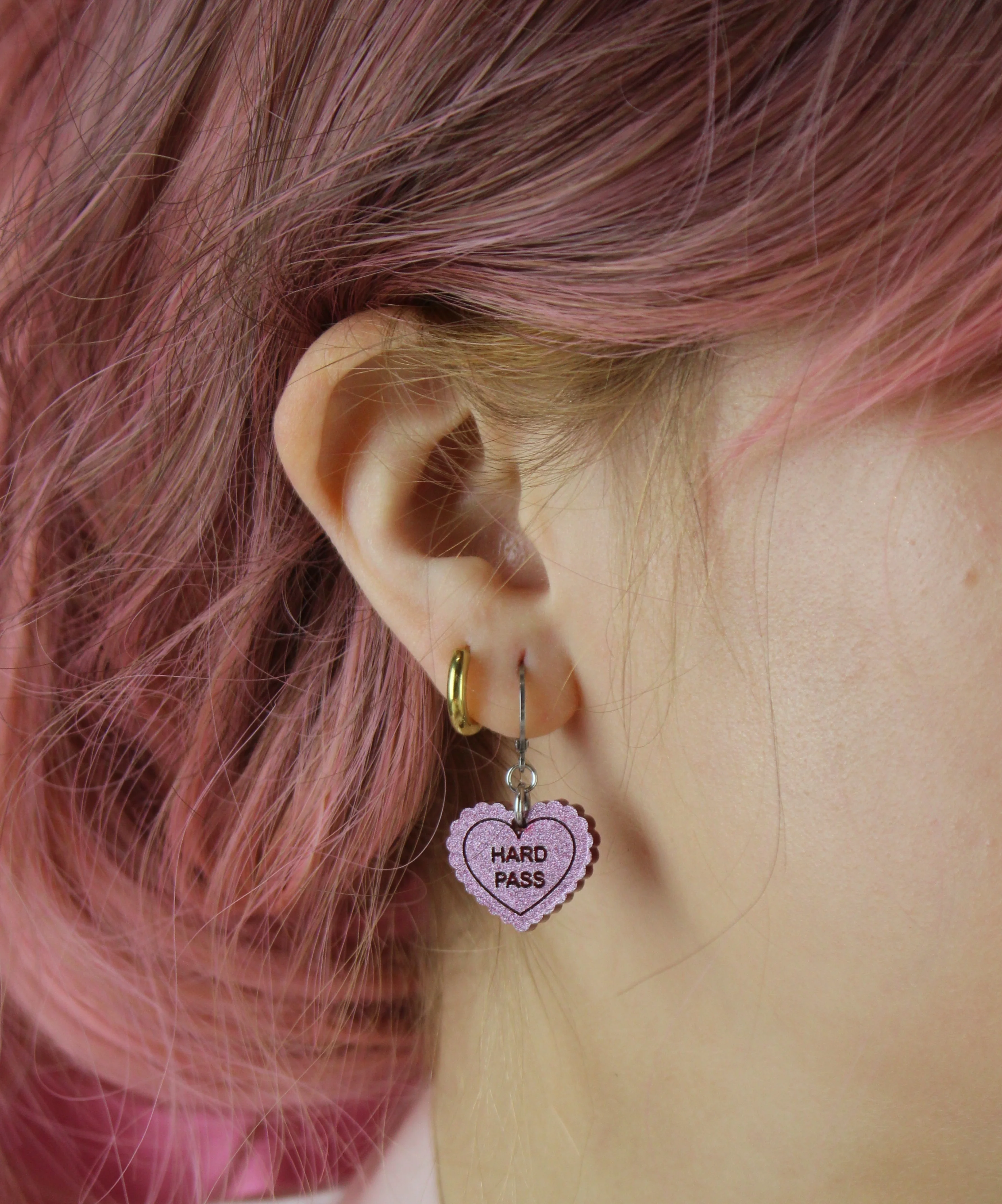 "Hard Pass" Loveheart Huggie Hoop Earrings - Pink - Image 2