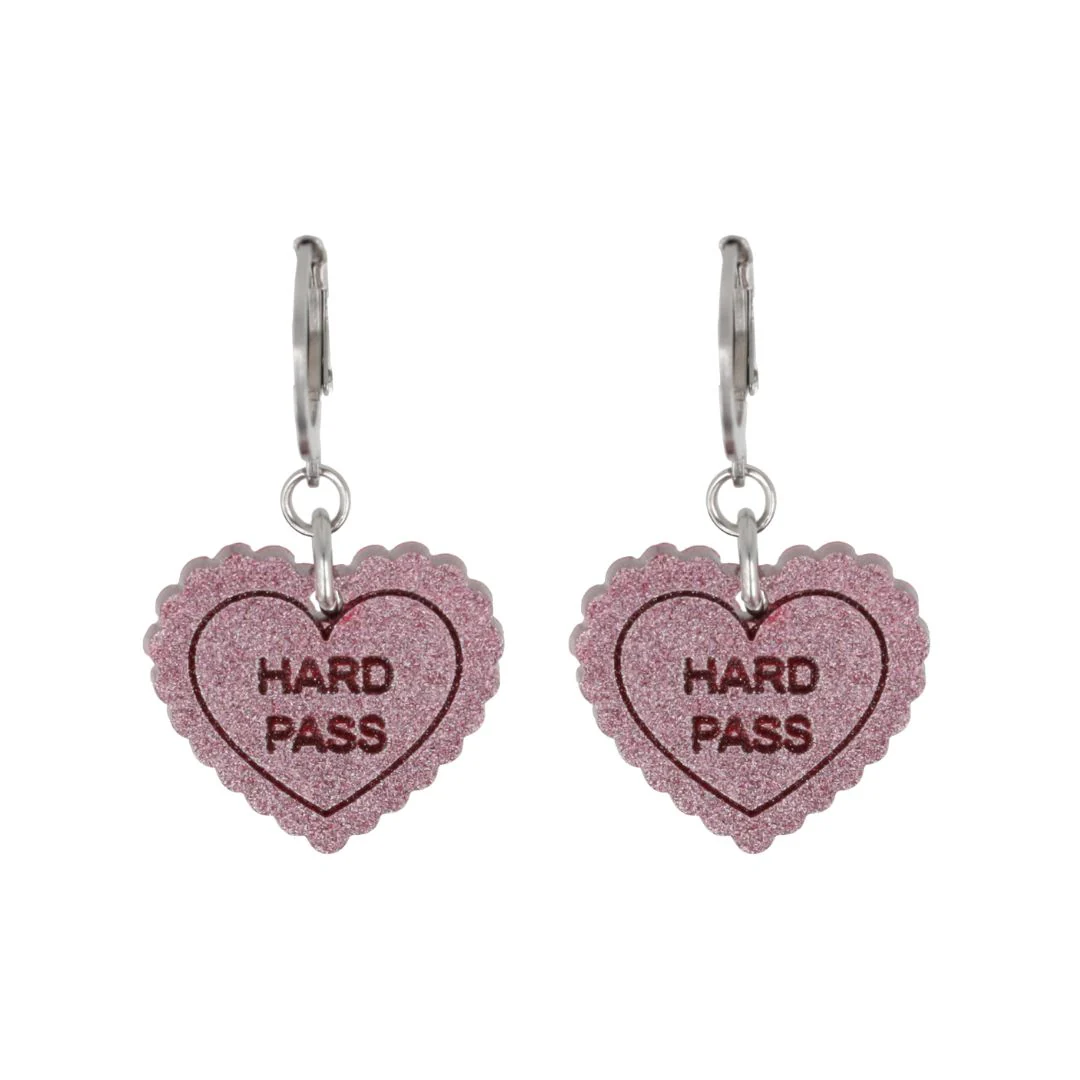 "Hard Pass" Loveheart Huggie Hoop Earrings - Pink - Image 3