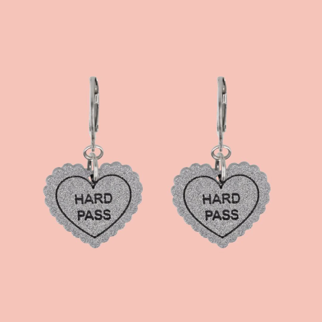 "Hard Pass" Loveheart Huggie Hoop Earrings - Silver