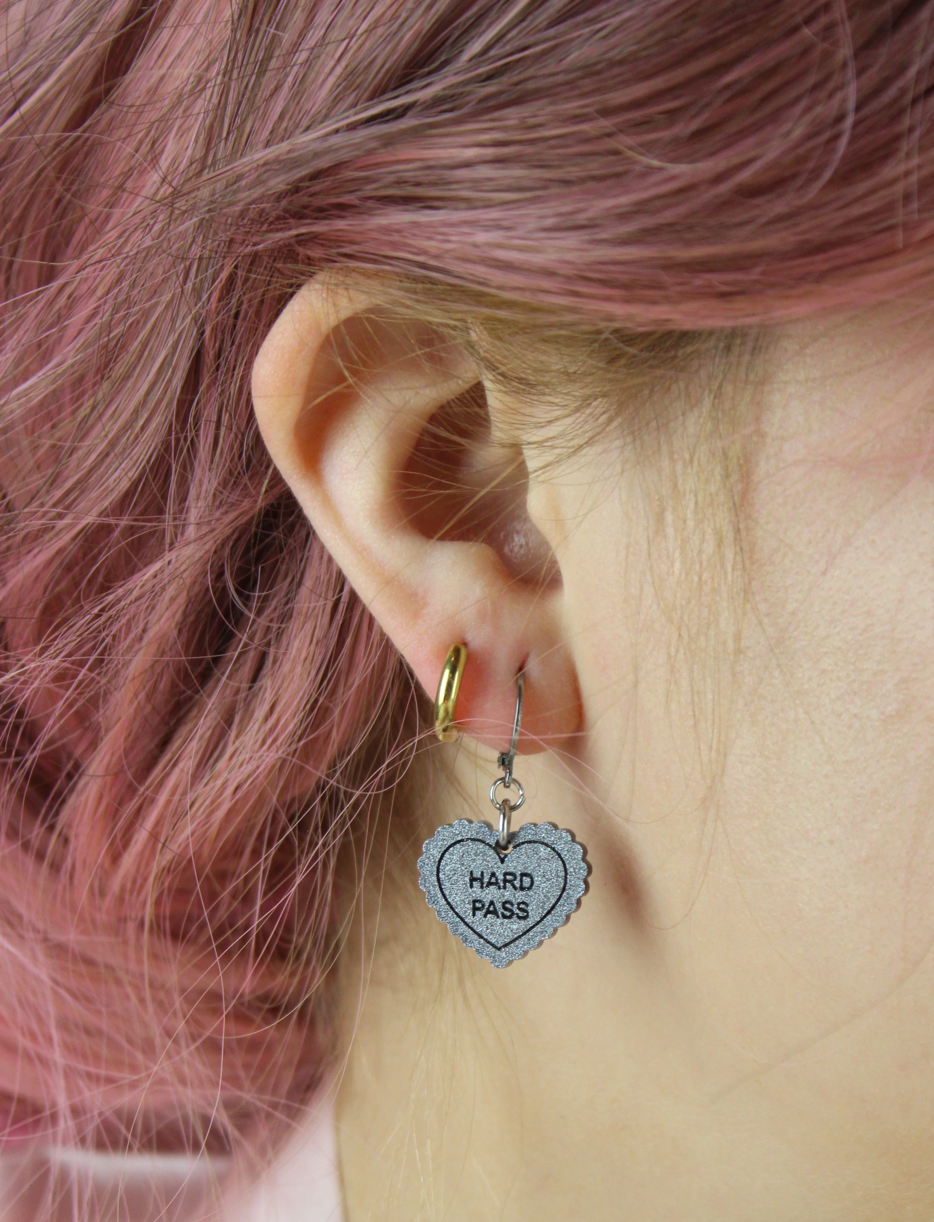 "Hard Pass" Loveheart Huggie Hoop Earrings - Silver - Image 2