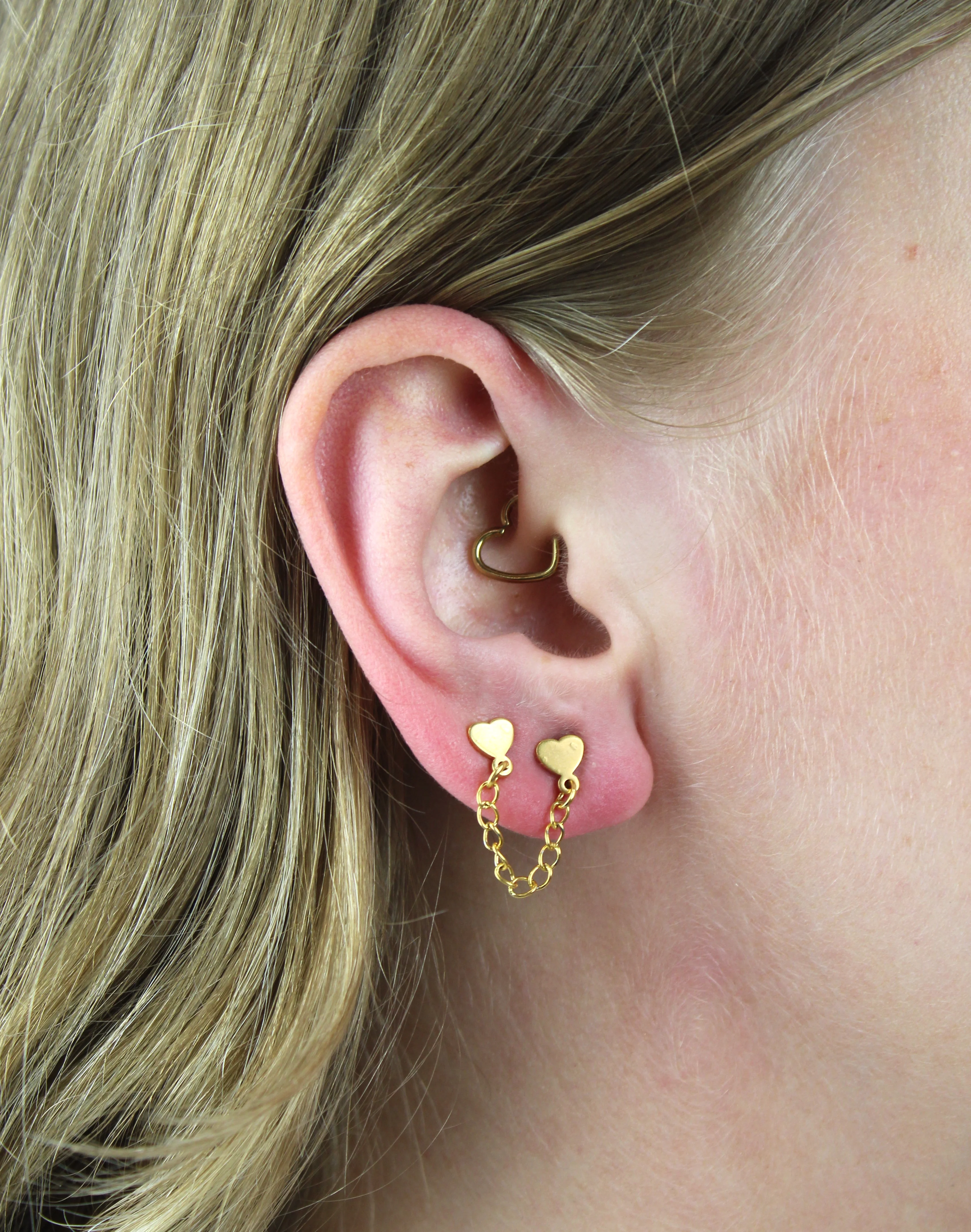 Heart Chain Double Stud Earrings (Gold Plated) - Image 2