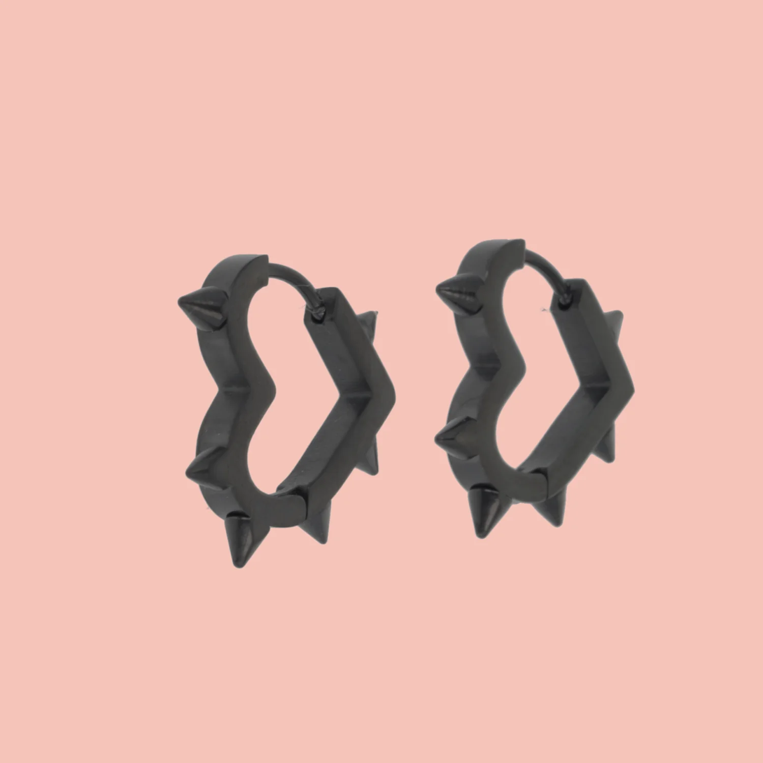 Heart Spike Huggie Hoop Earrings (Black)